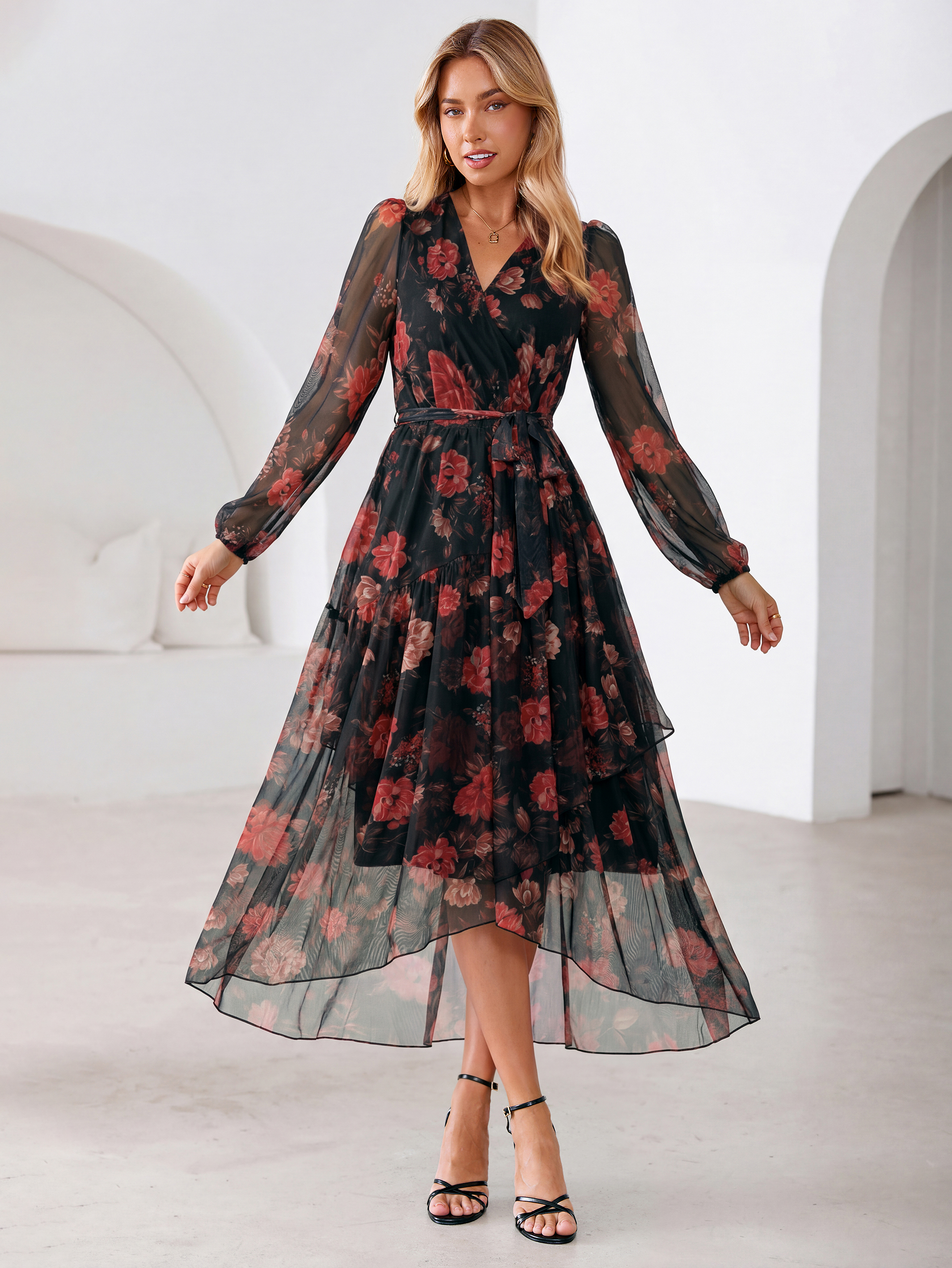 Floral Tulle Faux Wrap Long Sleeve Maxi Dress