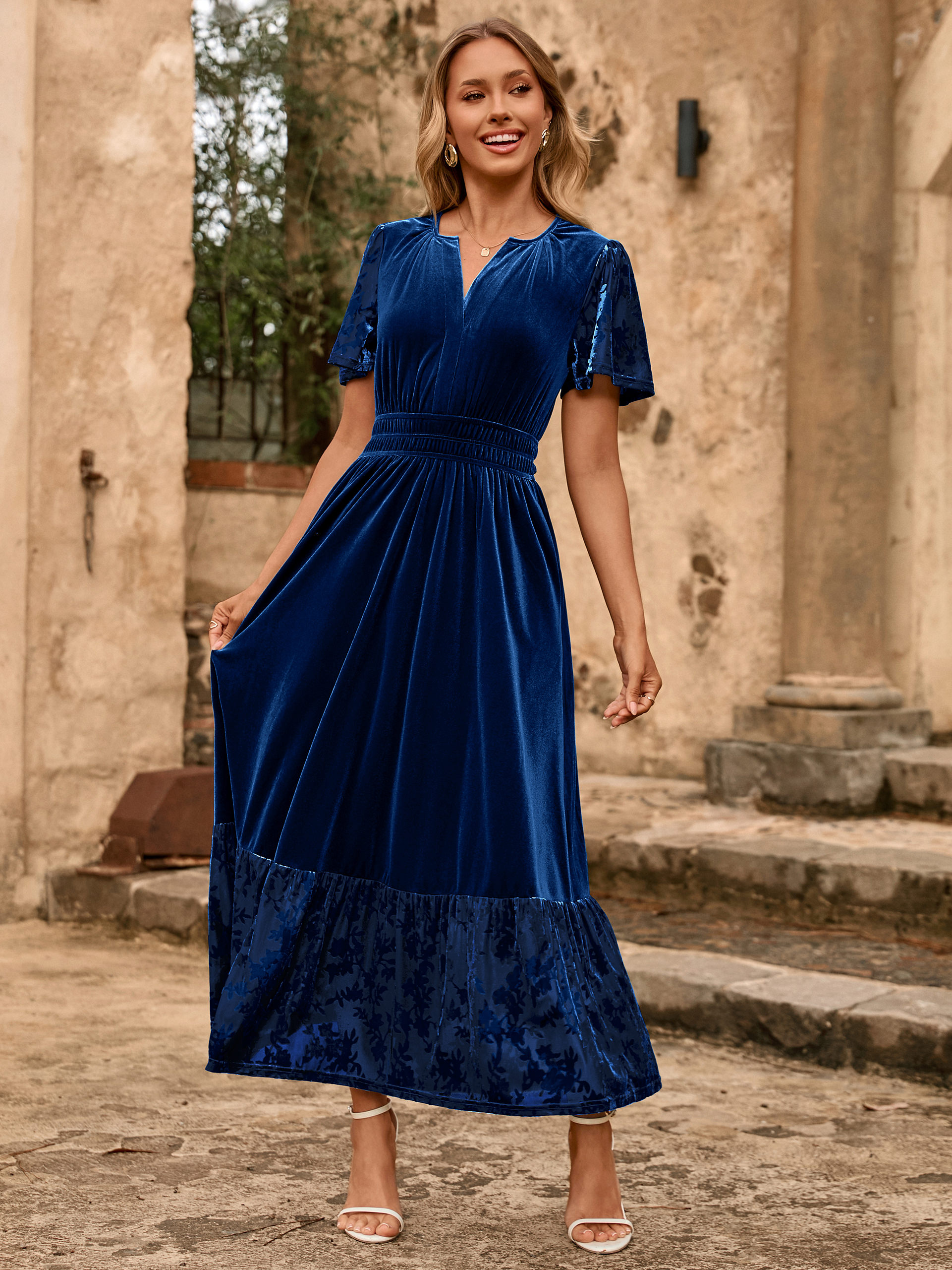 Velvet Floral Burnout V Neck Maxi Dress