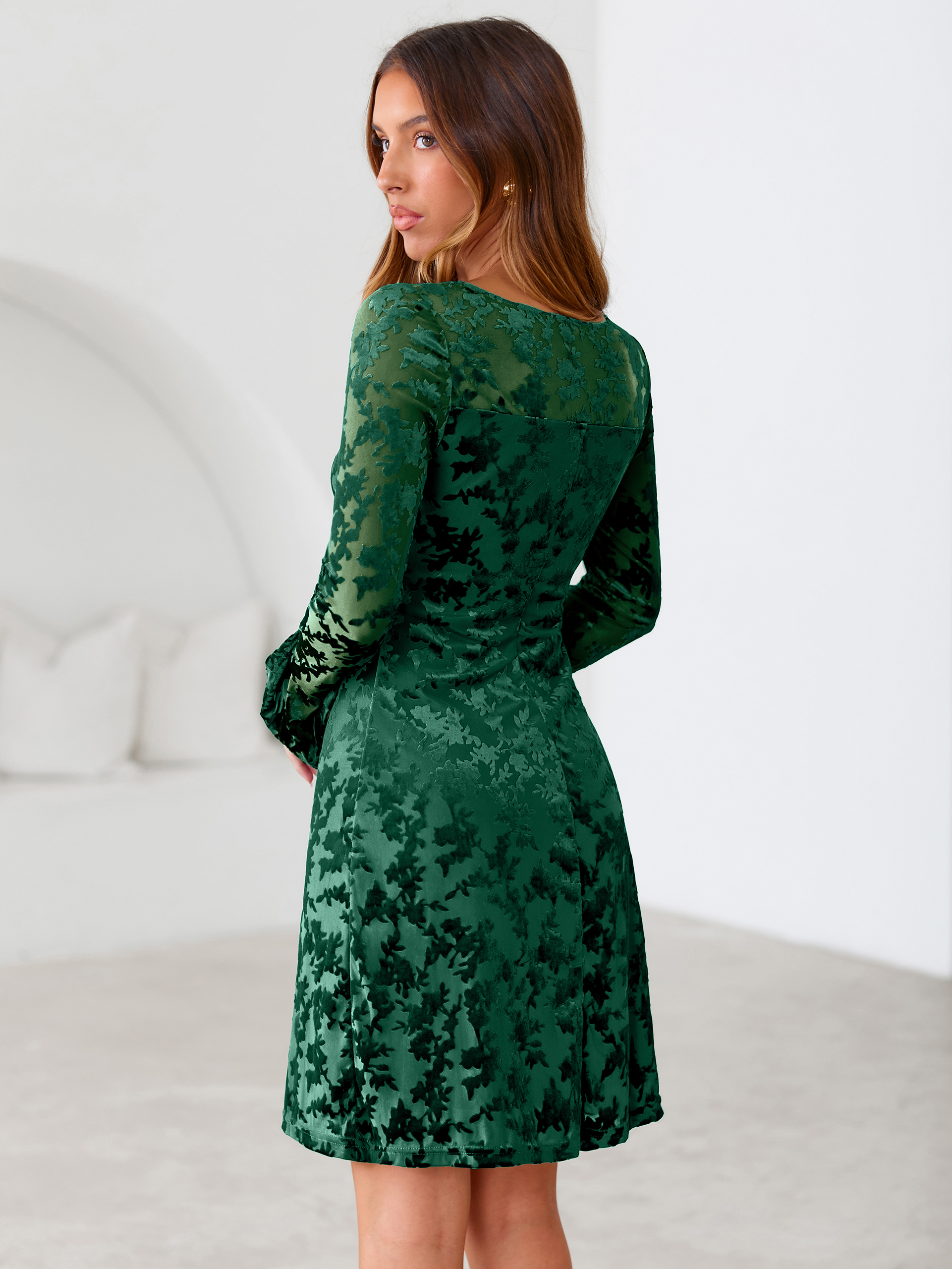 Floral Burnout Velvet Flare Sleeve Sheath Mini Dress