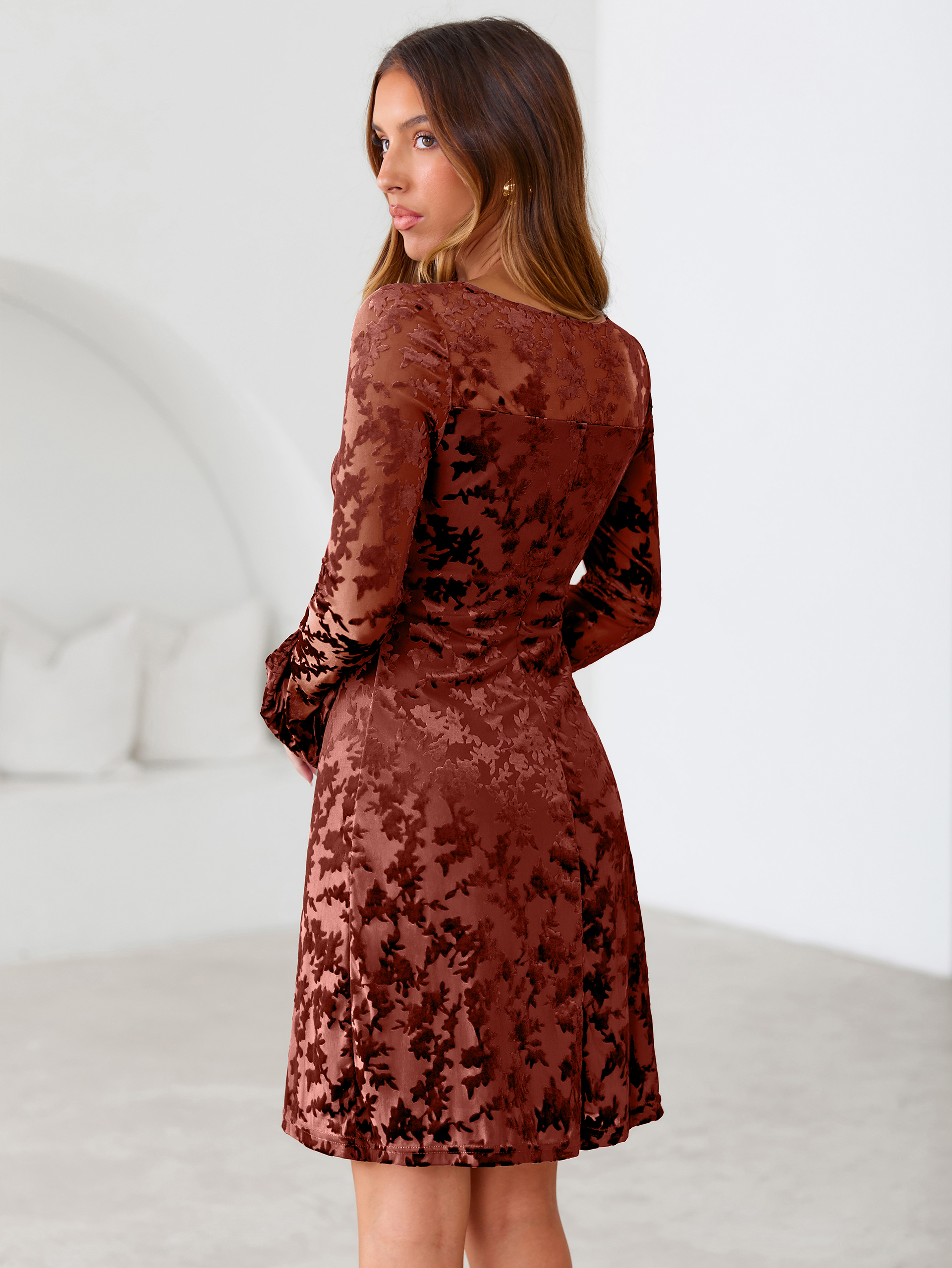 Floral Burnout Velvet Flare Sleeve Sheath Mini Dress