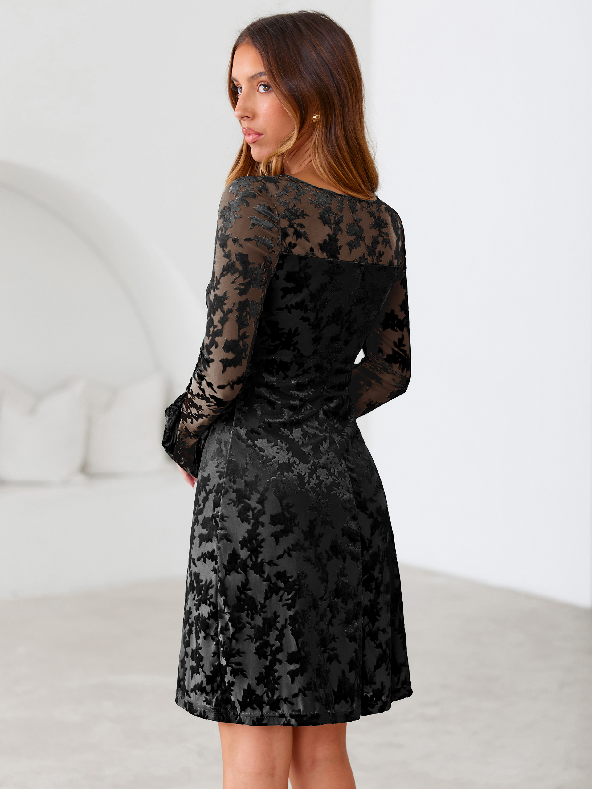 Floral Burnout Velvet Flare Sleeve Sheath Mini Dress