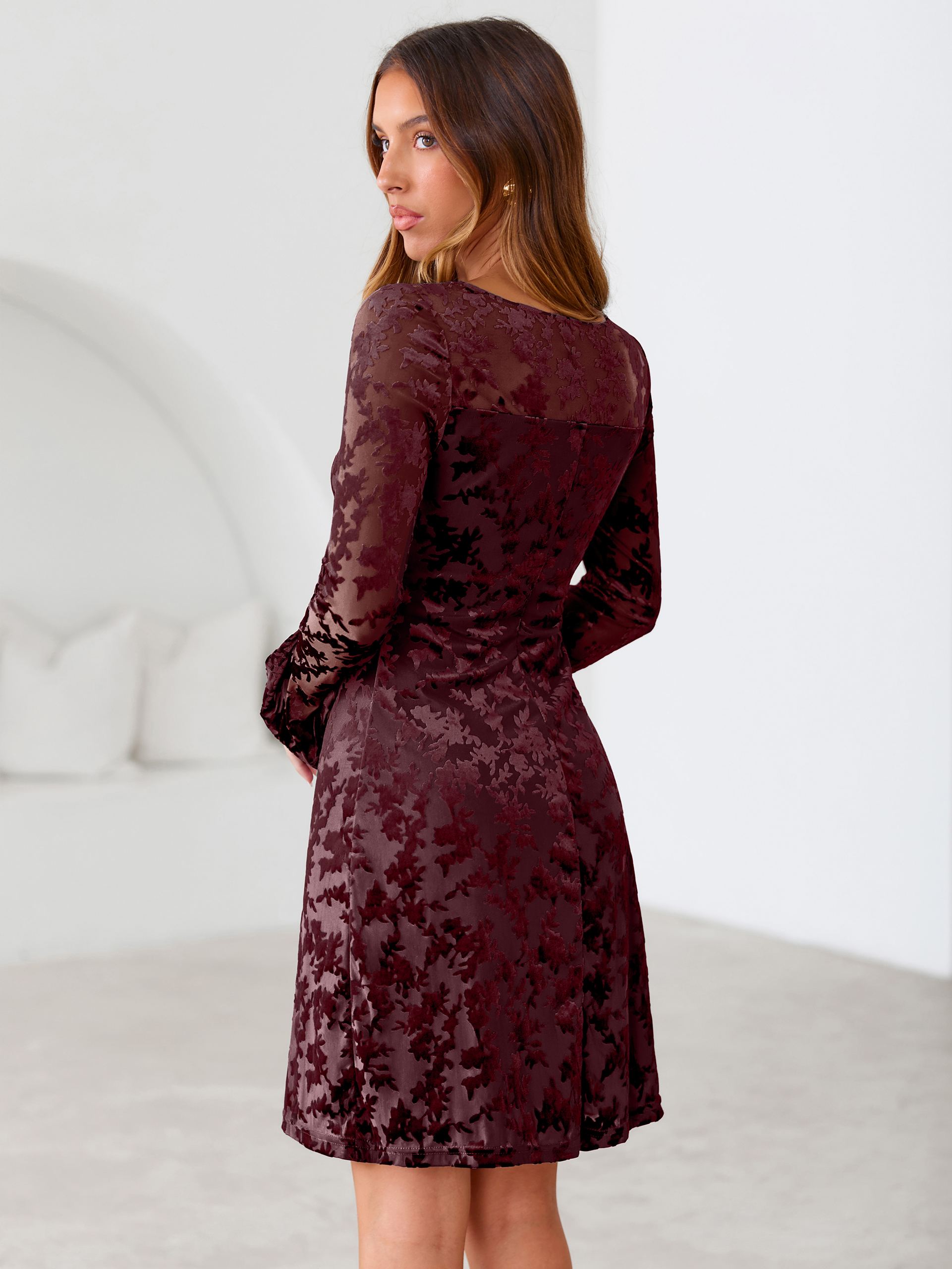 Floral Burnout Velvet Flare Sleeve Sheath Mini Dress