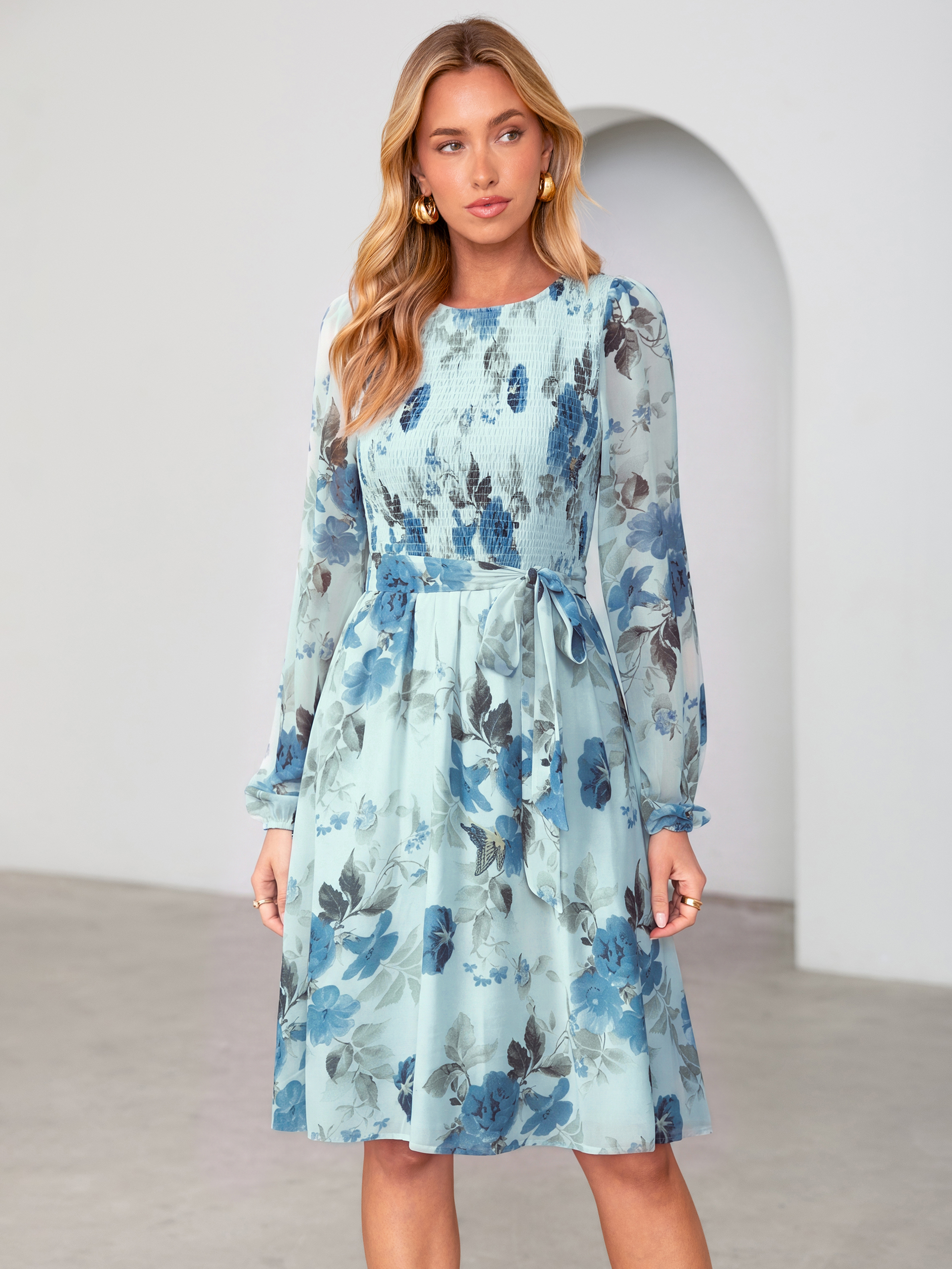 Floral Chiffon Smocked Tie Waist Mini Dress