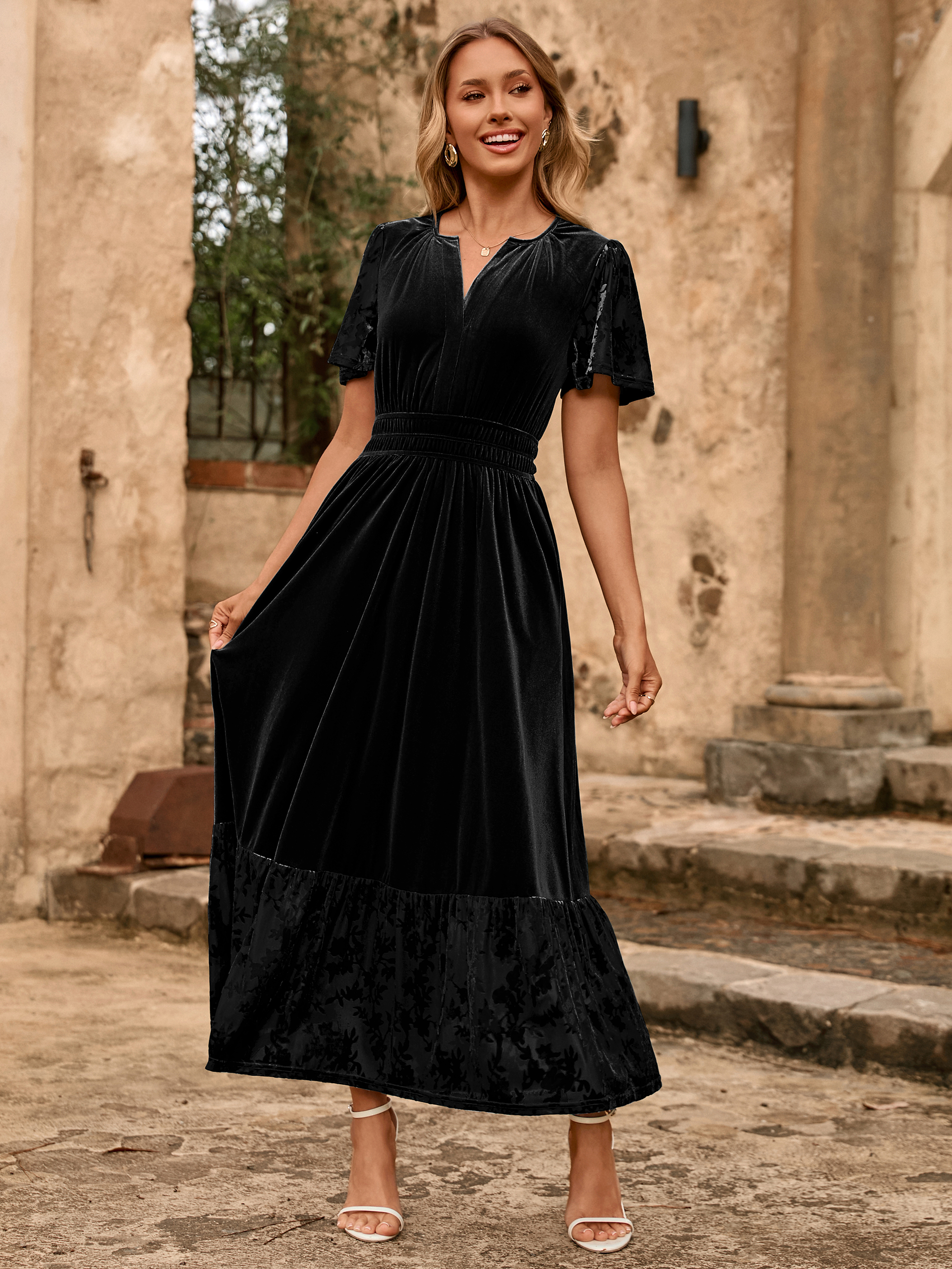 Velvet Floral Burnout V Neck Maxi Dress