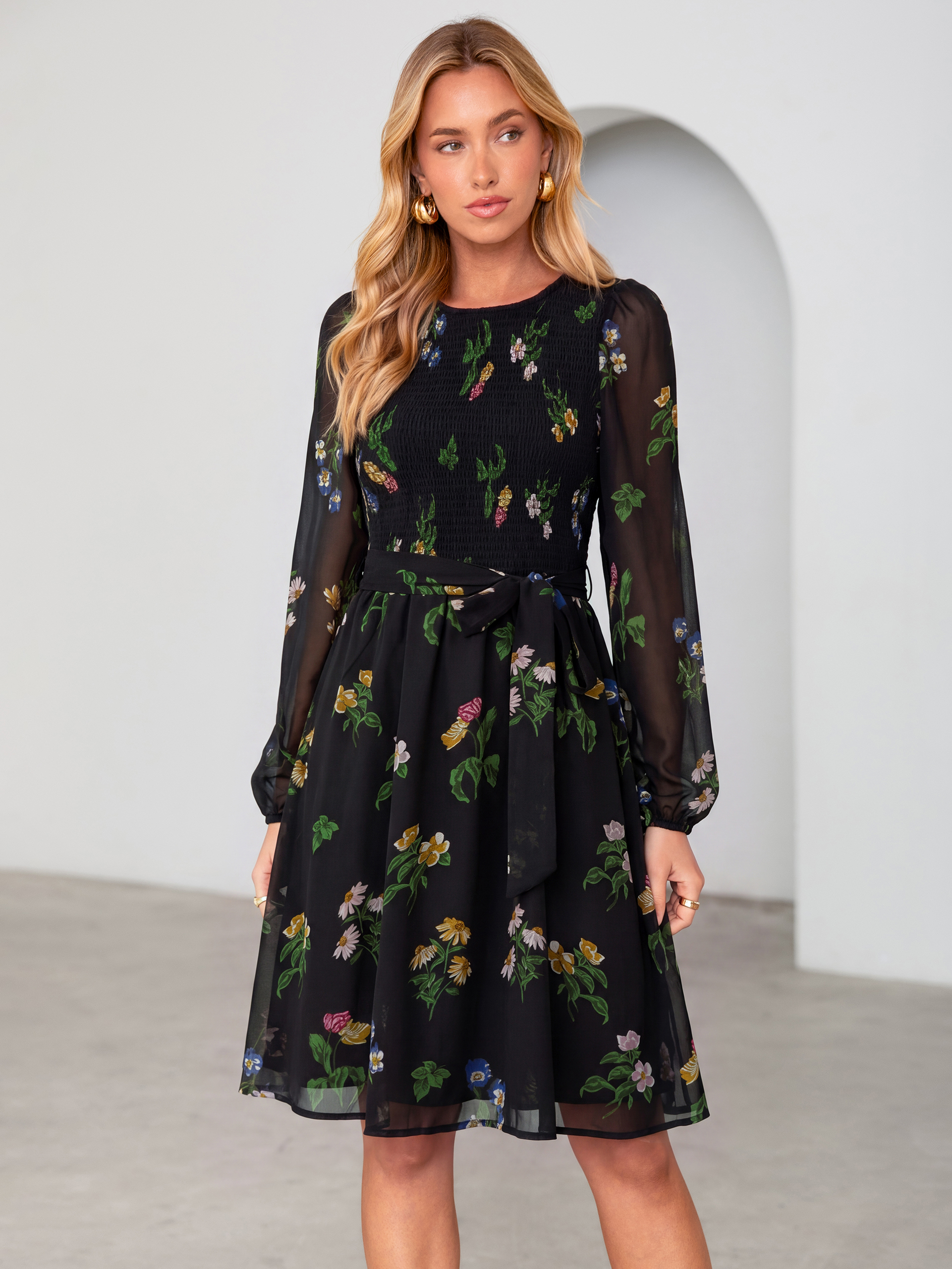 Floral Chiffon Smocked Tie Waist Mini Dress