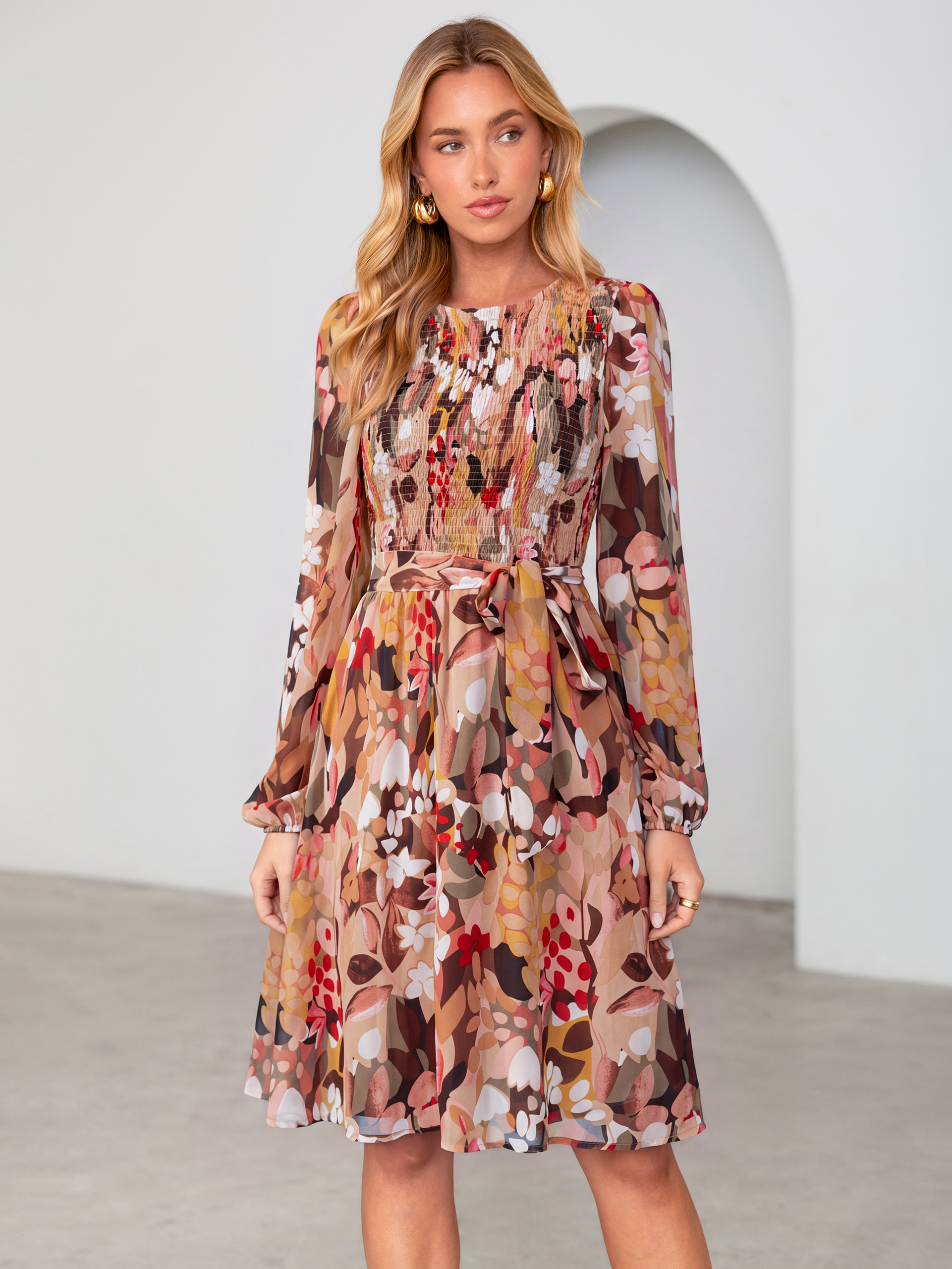 Floral Chiffon Smocked Tie Waist Mini Dress