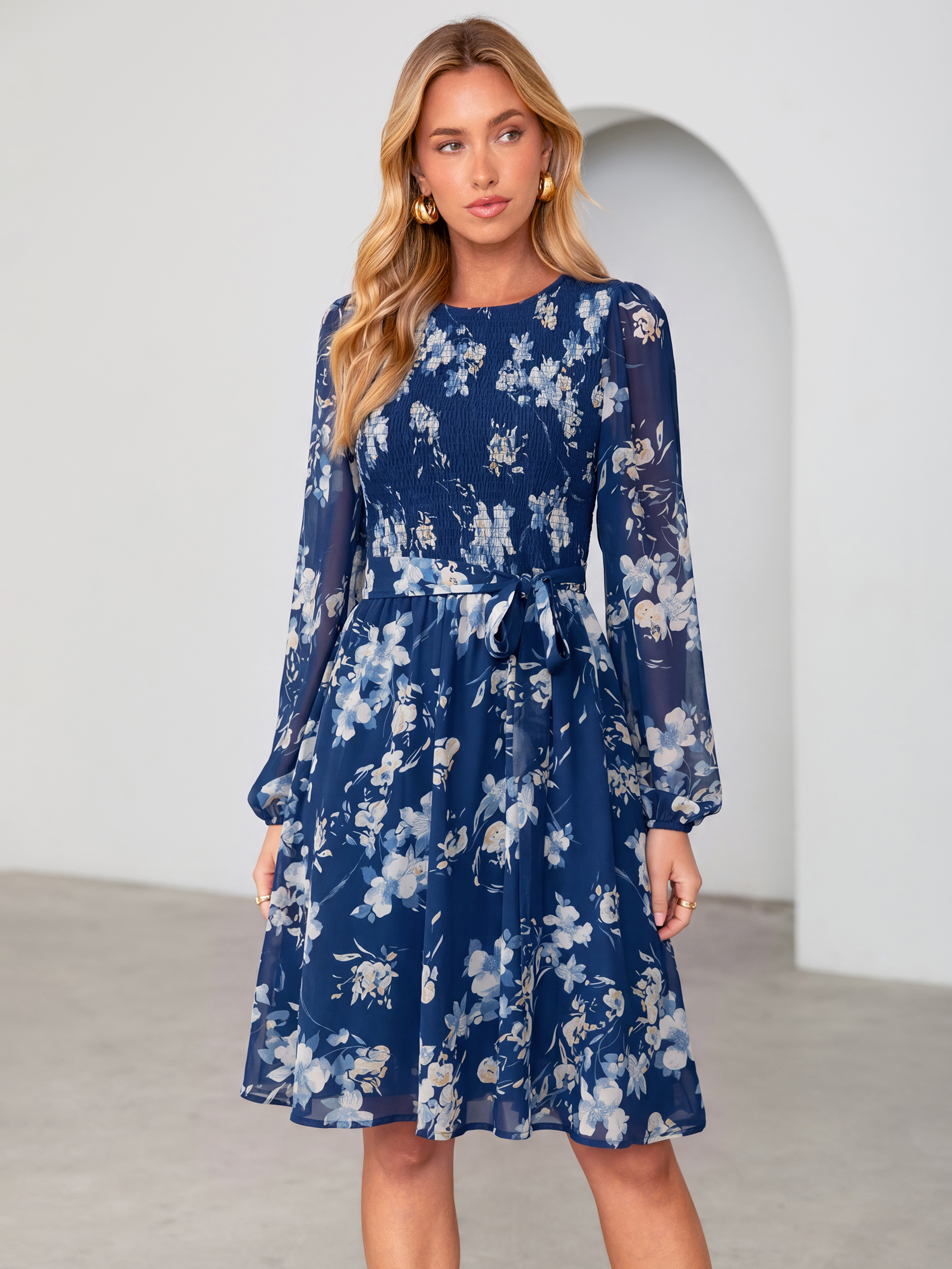 Floral Chiffon Smocked Tie Waist Mini Dress