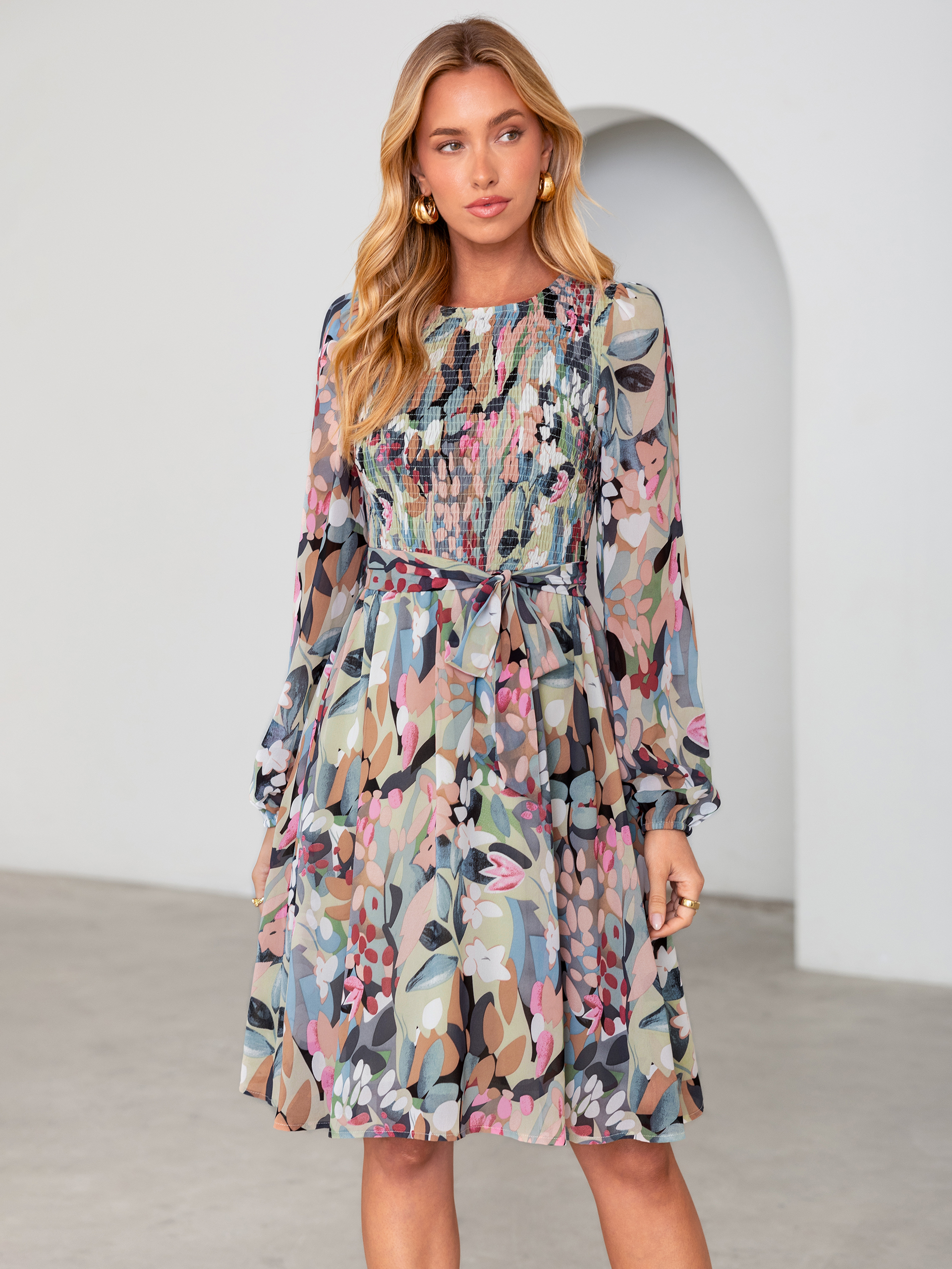 Floral Chiffon Smocked Tie Waist Mini Dress