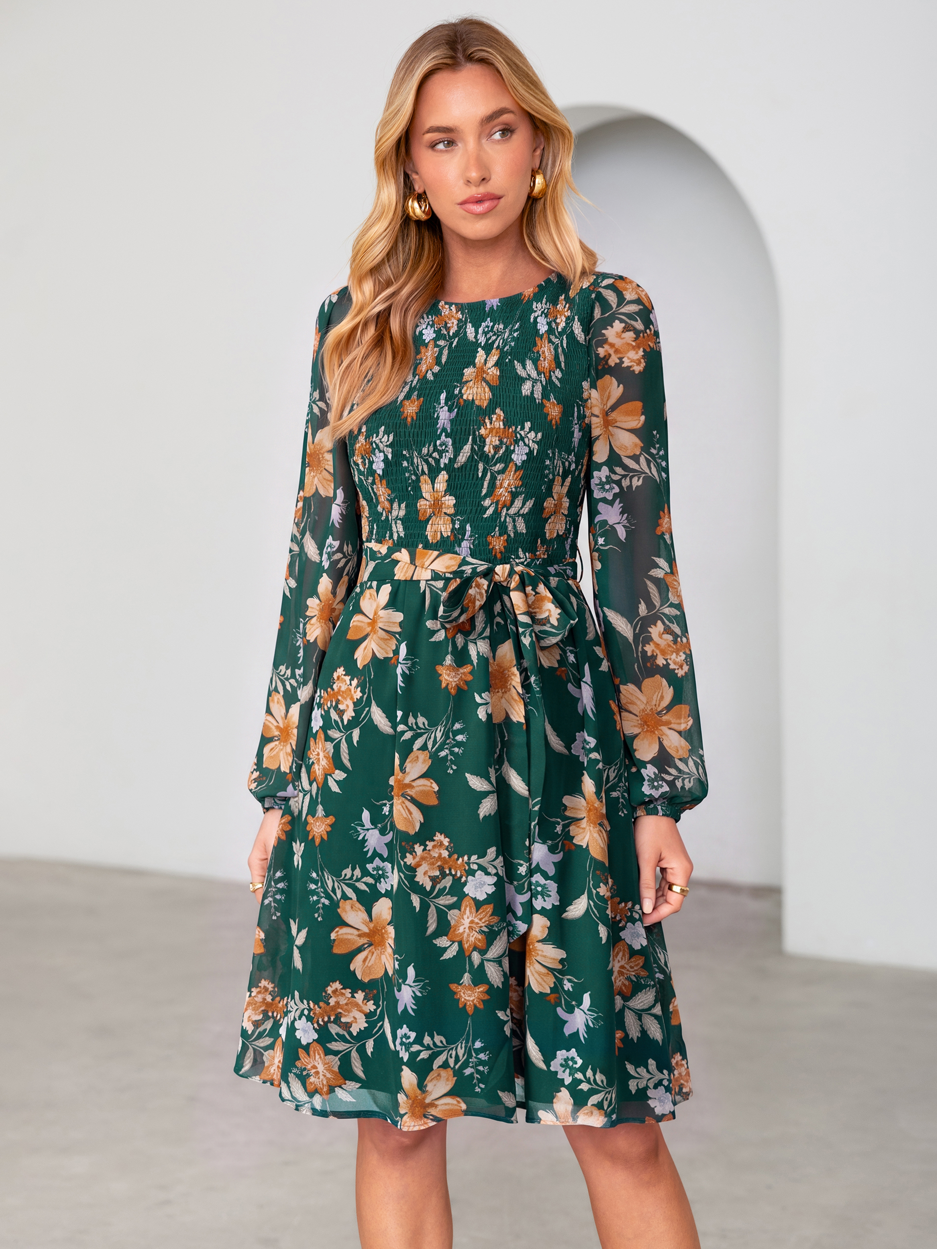 Floral Chiffon Smocked Tie Waist Mini Dress