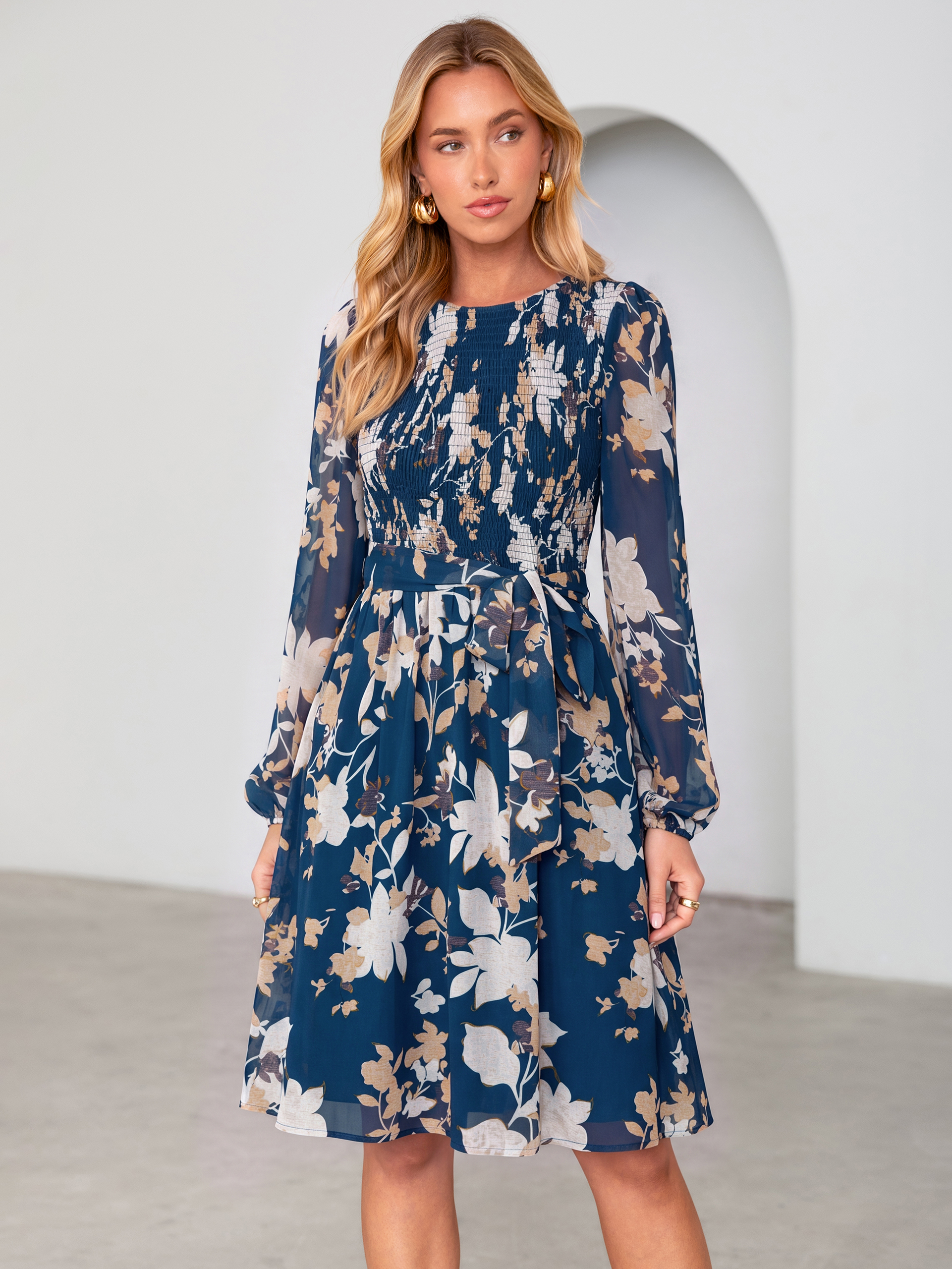 Floral Chiffon Smocked Tie Waist Mini Dress