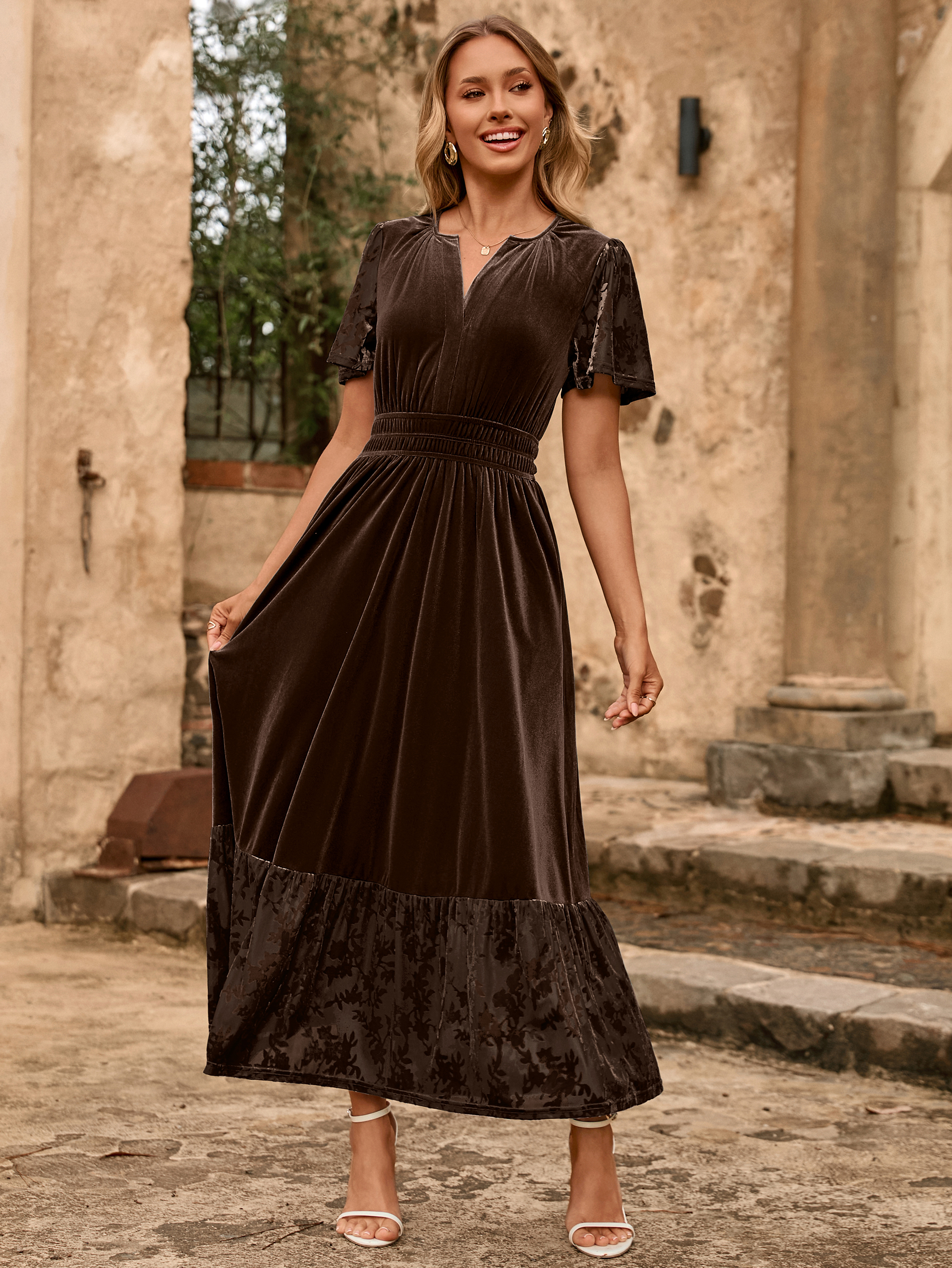 Velvet Floral Burnout V Neck Maxi Dress