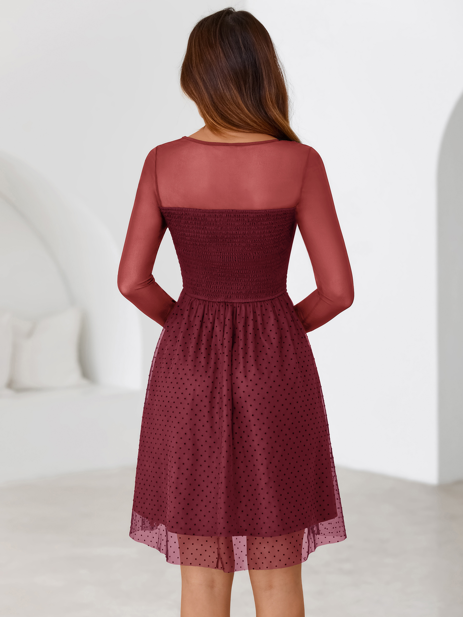 Long Sleeve Polka Dot Mesh Smocked Mini Dress
