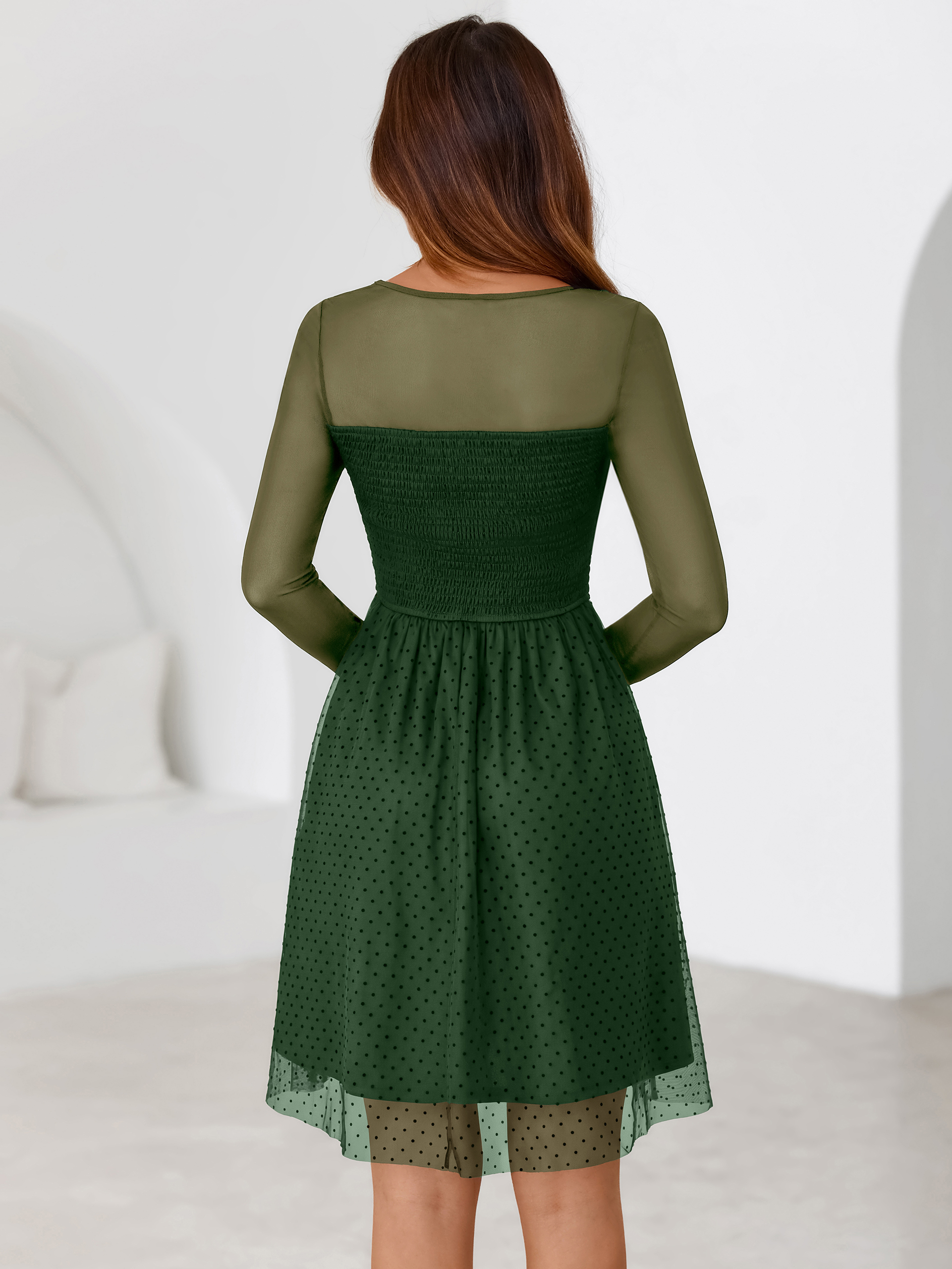 Long Sleeve Polka Dot Mesh Smocked Mini Dress