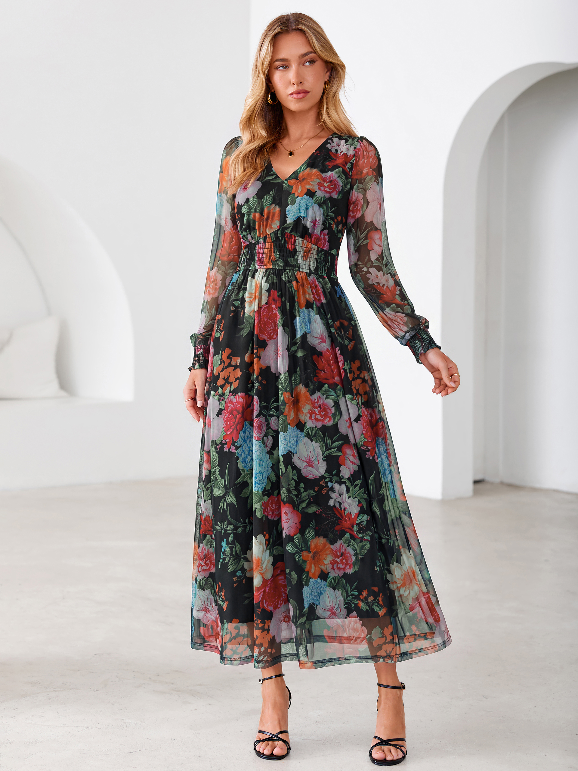 Romantic Floral Tulle Smocked Maxi Dress - Black Rose