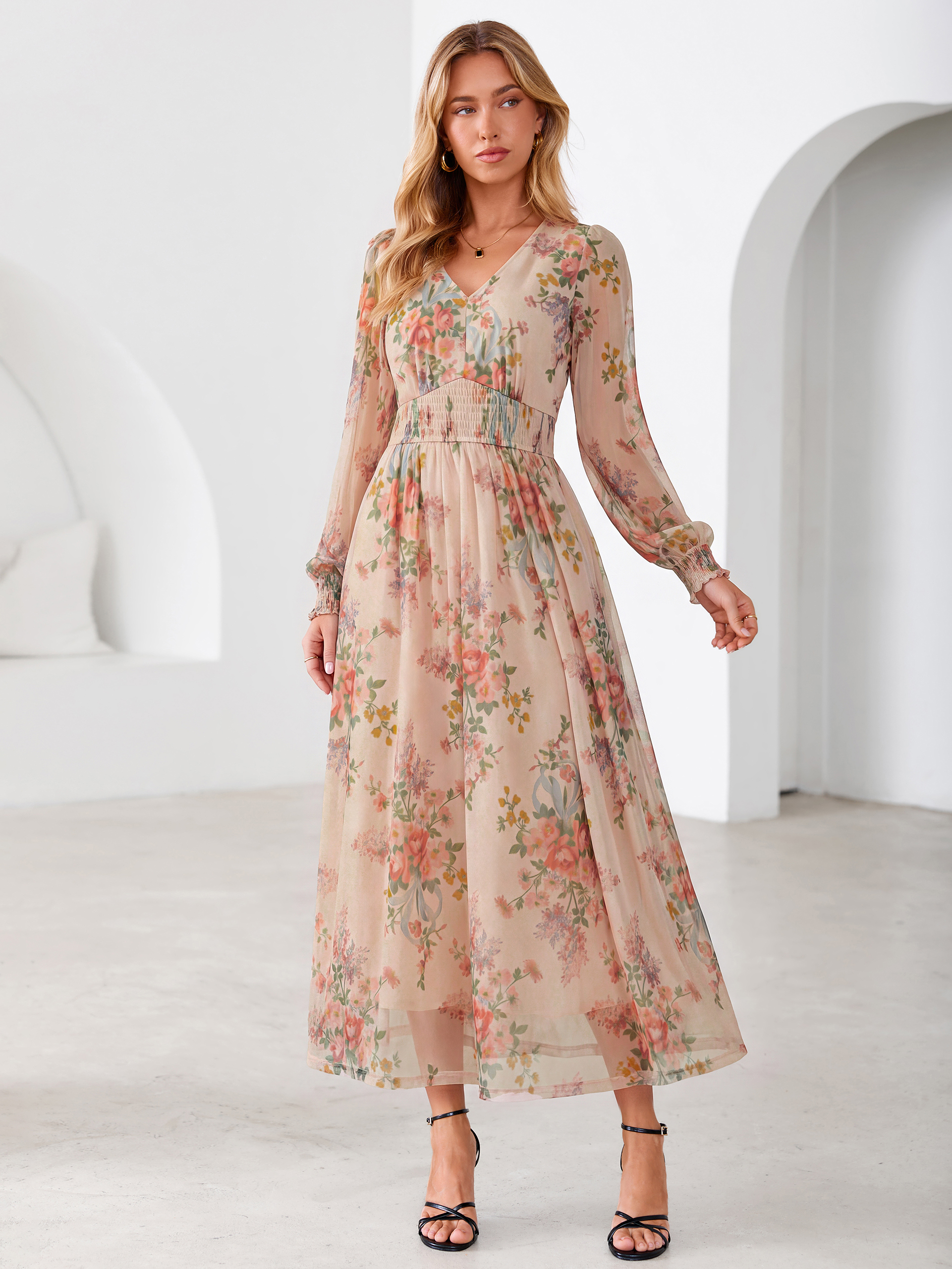 Romantic Floral Tulle Smocked Maxi Dress - Apricot Floral
