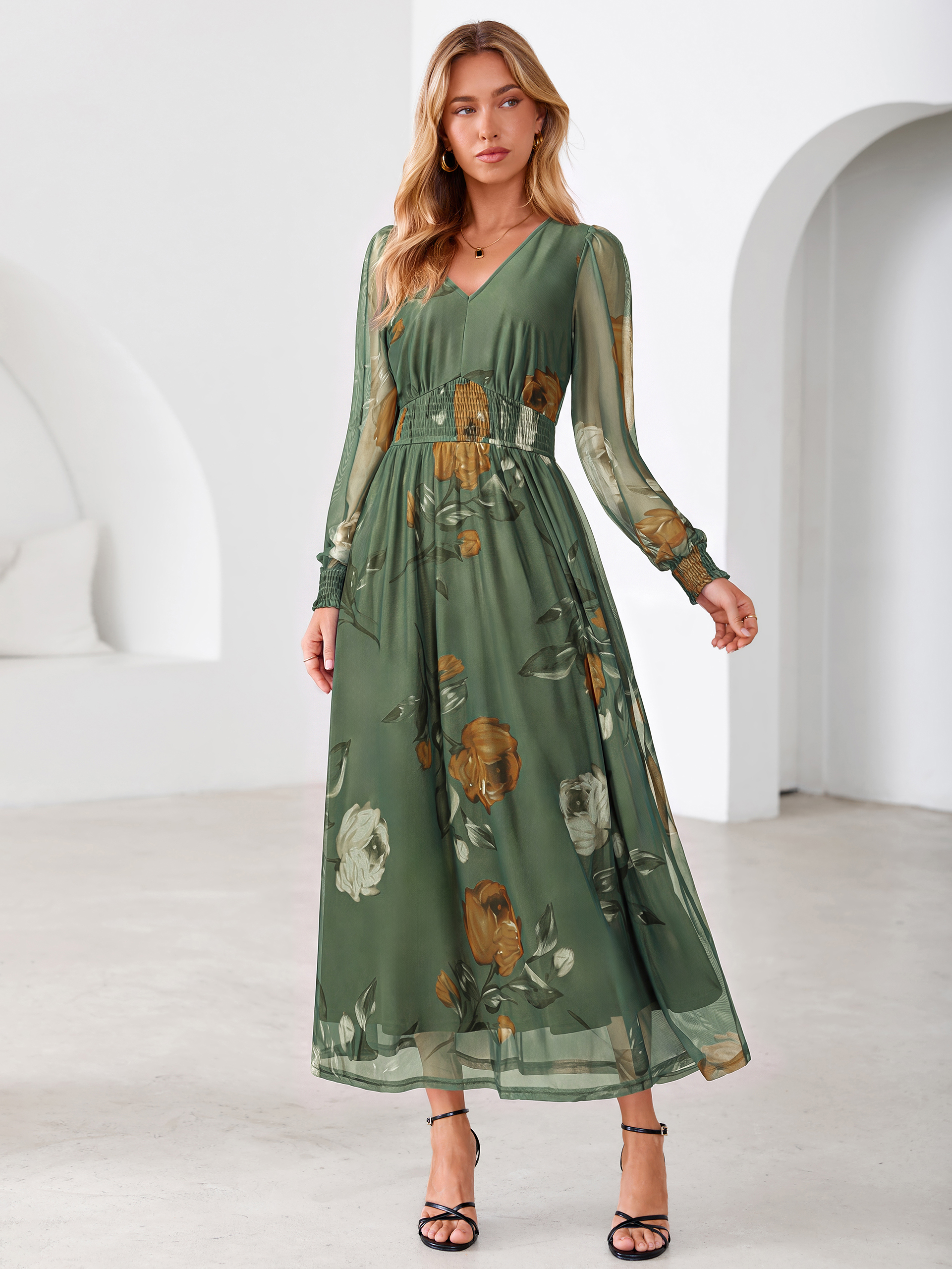 Romantic Floral Tulle Smocked Maxi Dress - Green Rose