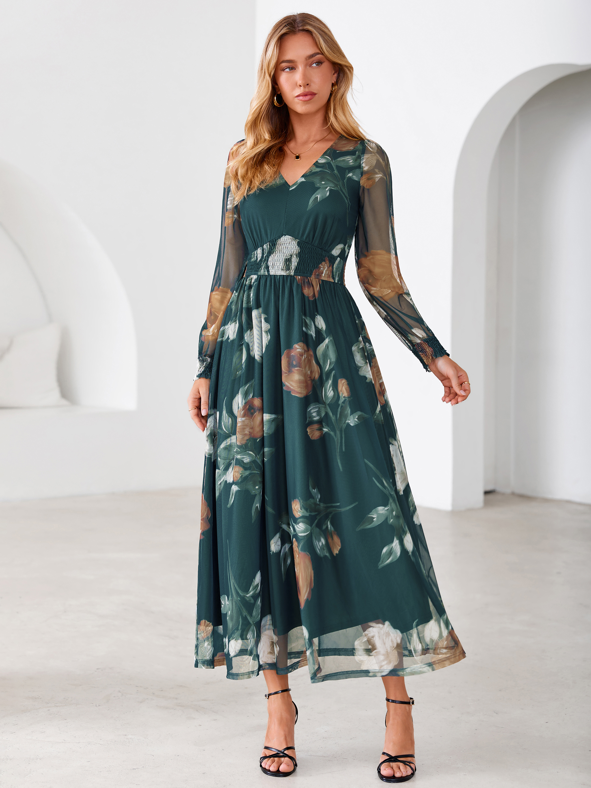 Romantic Floral Tulle Smocked Maxi Dress - Dark Green Rose