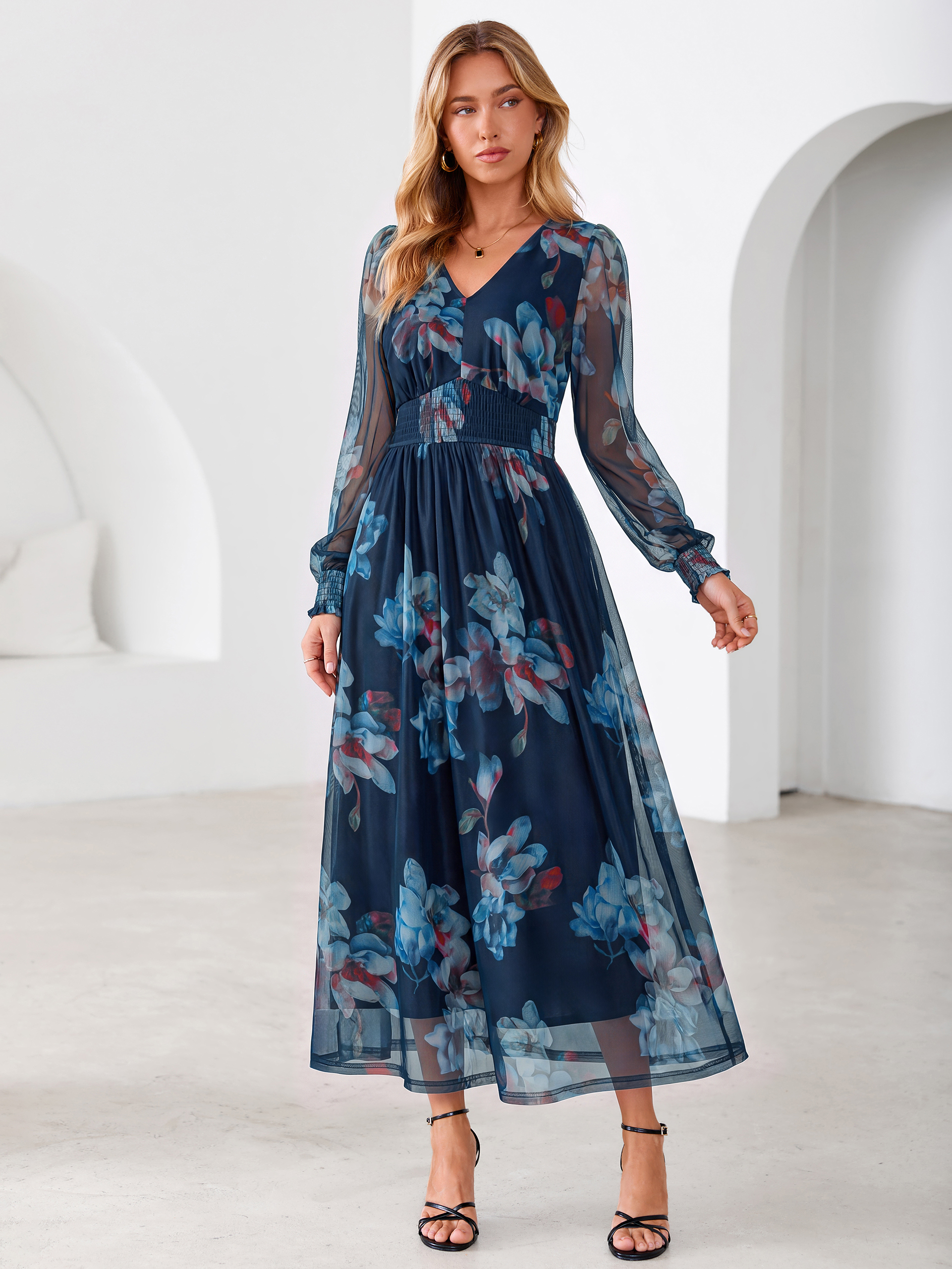 Romantic Floral Tulle Smocked Maxi Dress - Navy Blue