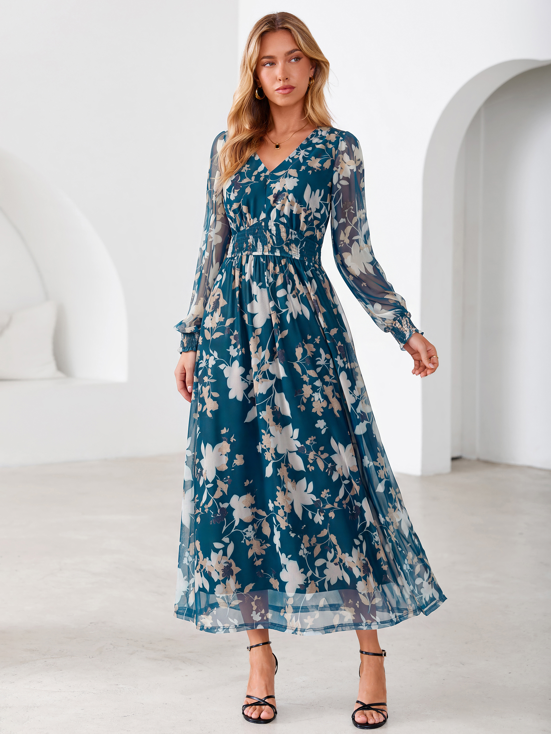 Romantic Floral Tulle Smocked Maxi Dress - Lake Blue