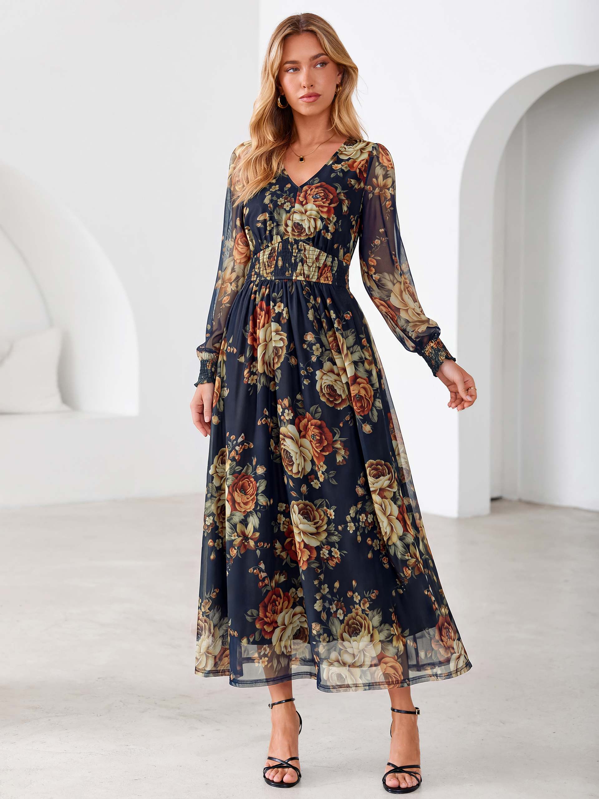 Romantic Floral Tulle Smocked Maxi Dress - Black Green