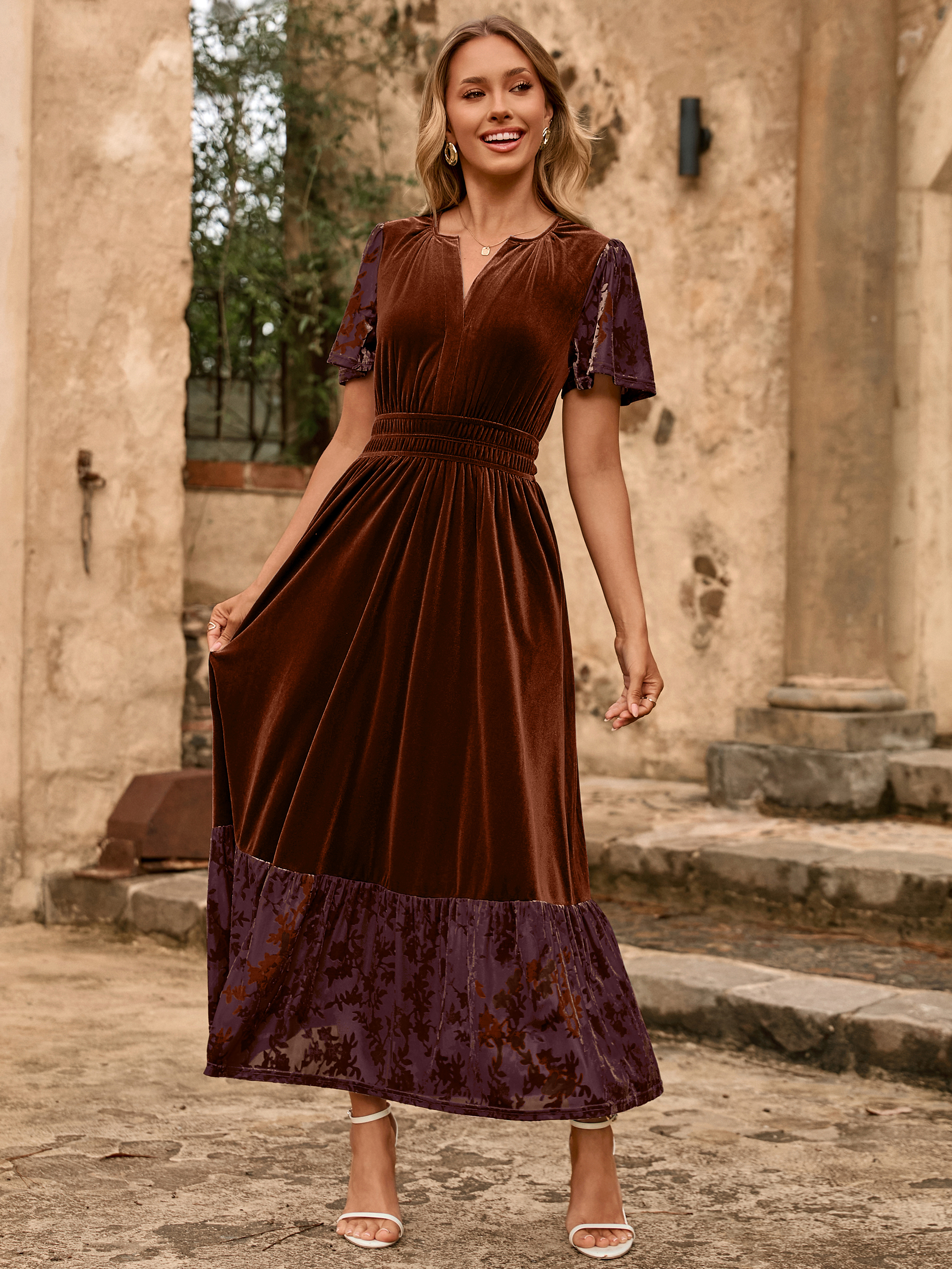 Velvet Floral Burnout V Neck Maxi Dress