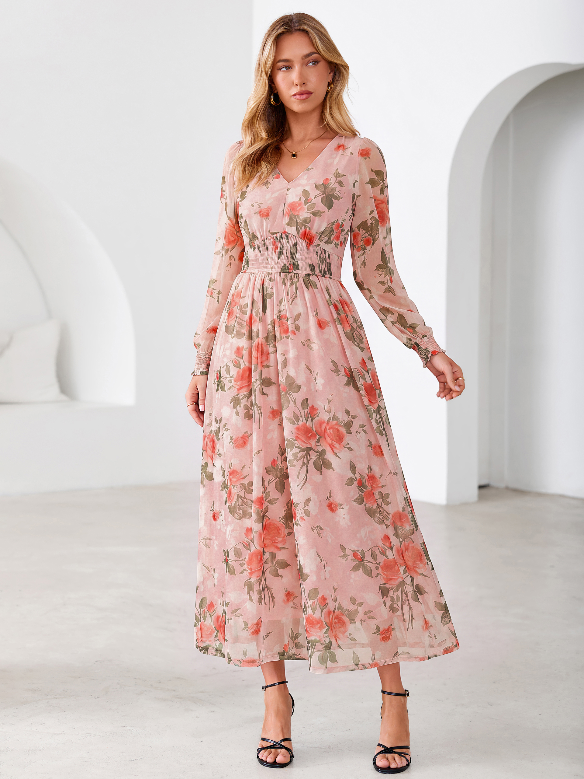 Romantic Floral Tulle Smocked Maxi Dress - Pink Floral