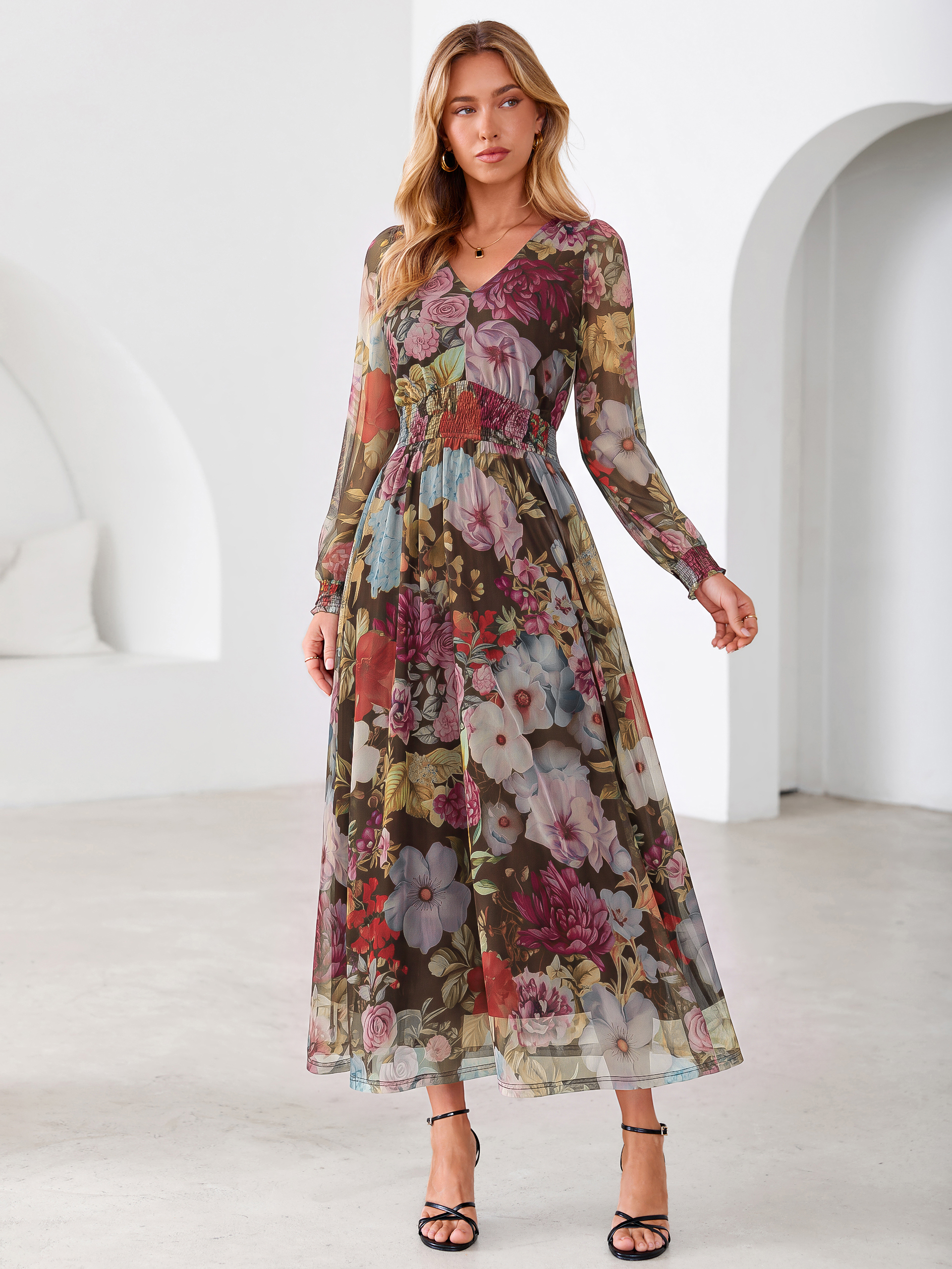 Romantic Floral Tulle Smocked Maxi Dress - Brown Rose