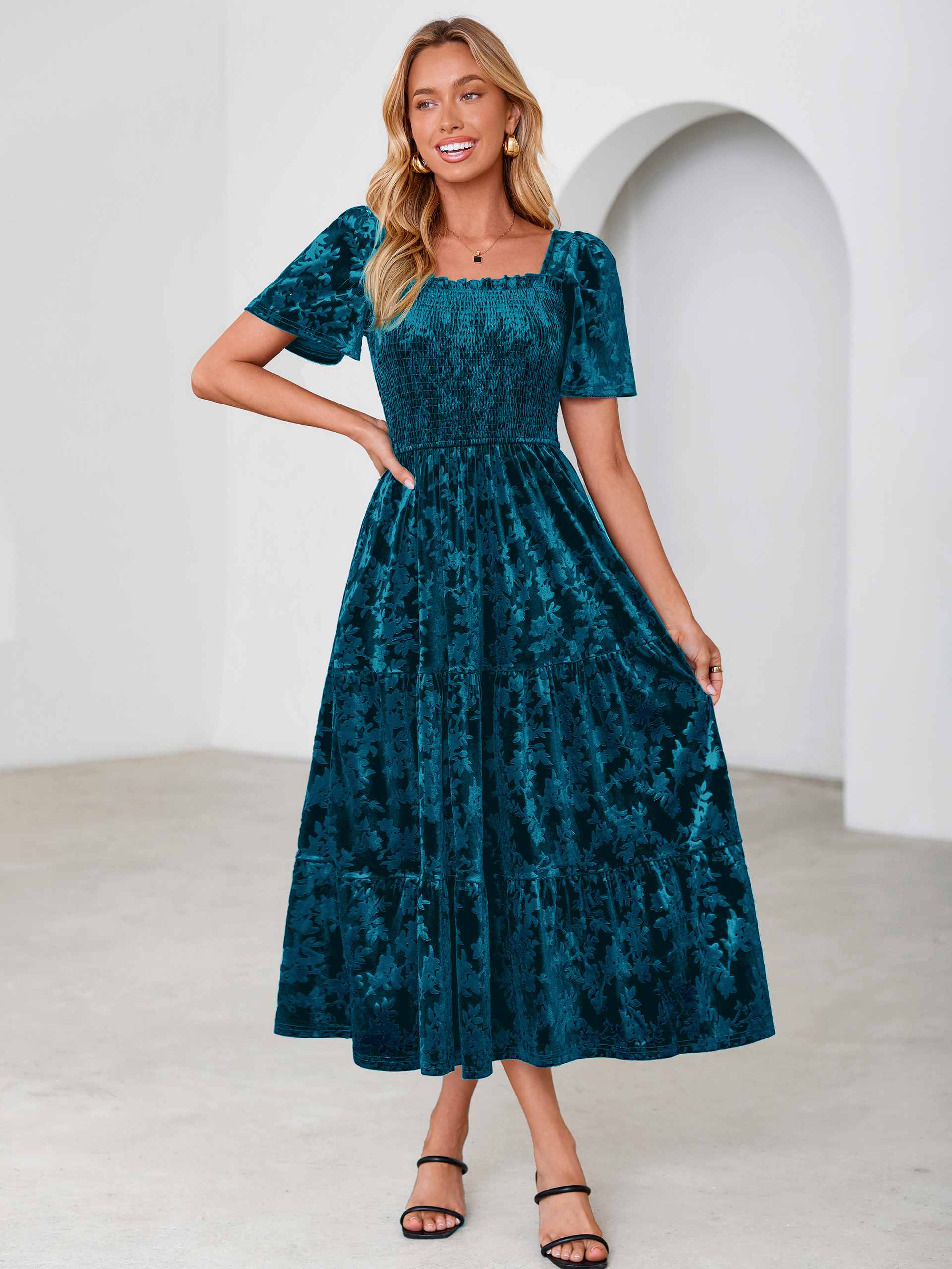 Square Neck Smocked Velvet Short Sleeve Maxi Dress