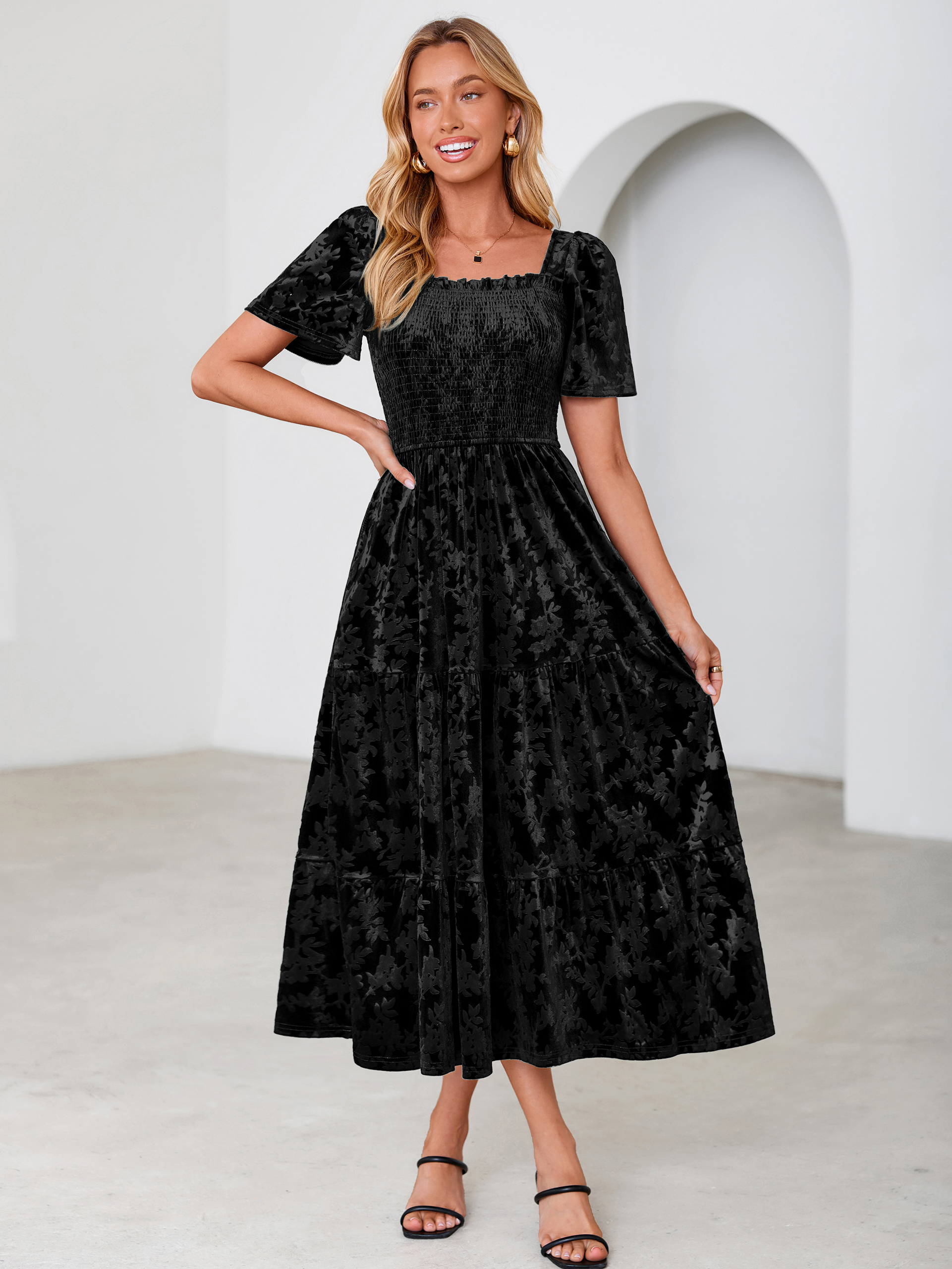 Square Neck Smocked Velvet Short Sleeve Maxi Dress
