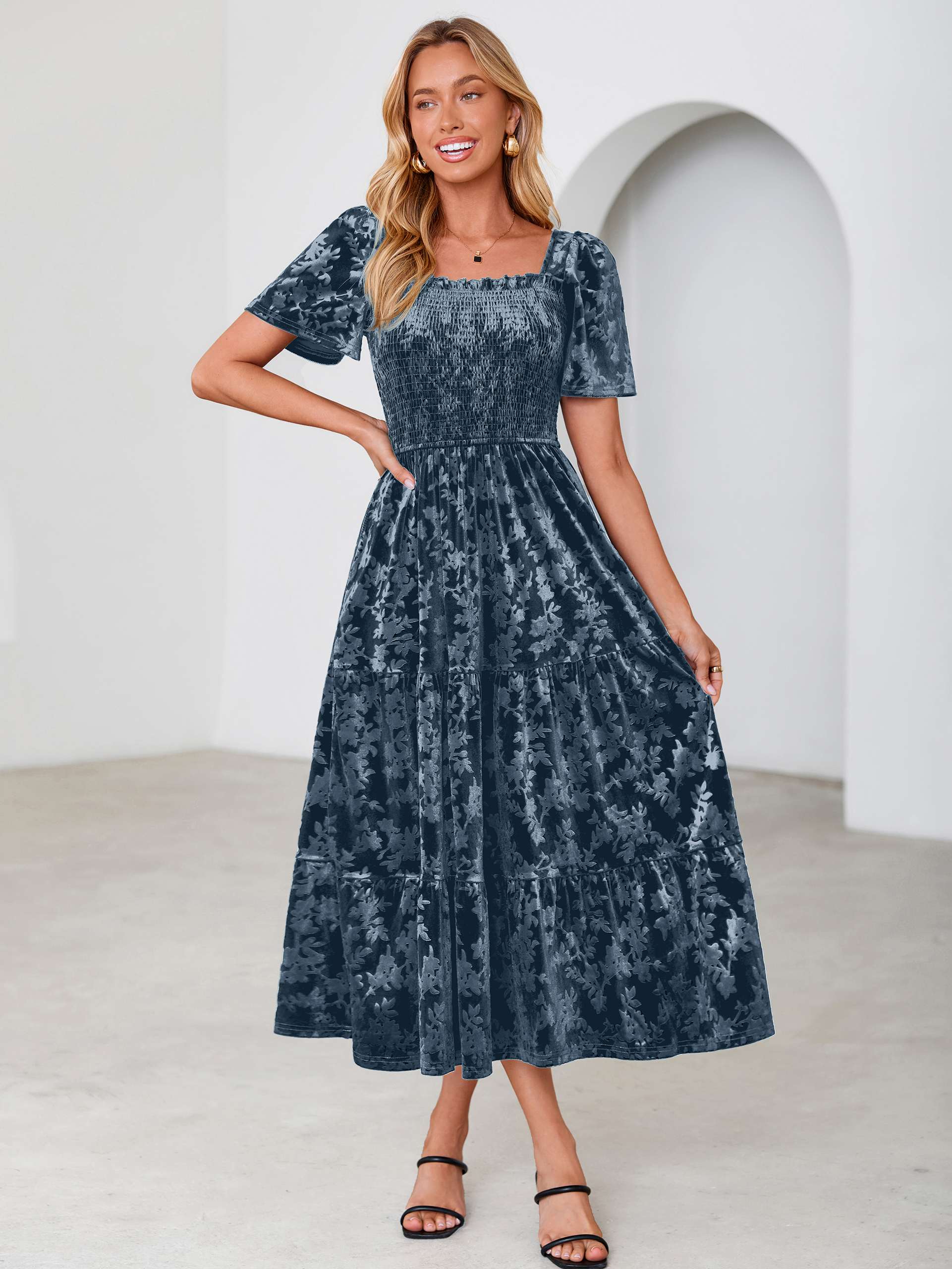 Square Neck Smocked Velvet Short Sleeve Maxi Dress