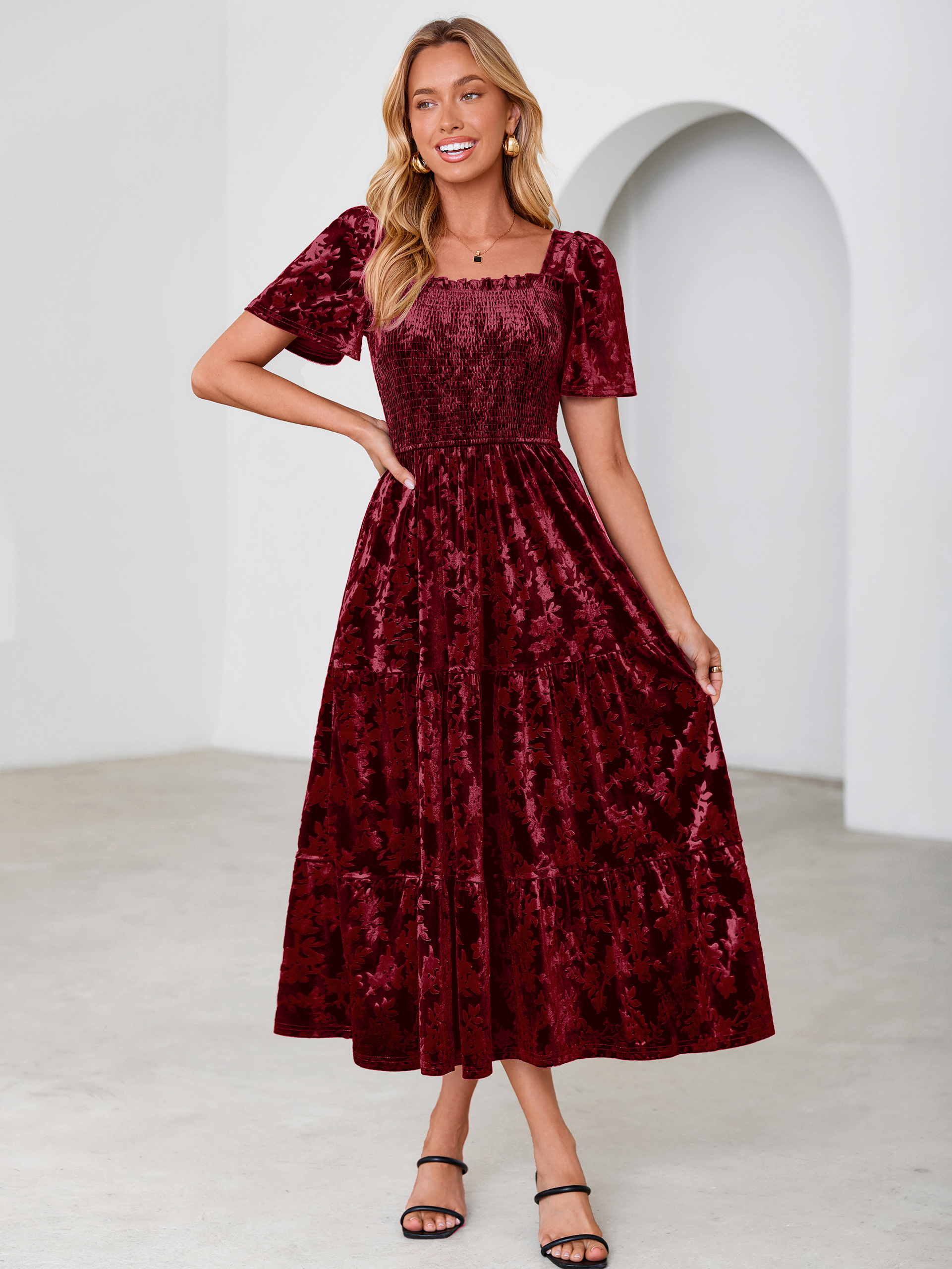 Square Neck Smocked Velvet Short Sleeve Maxi Dress