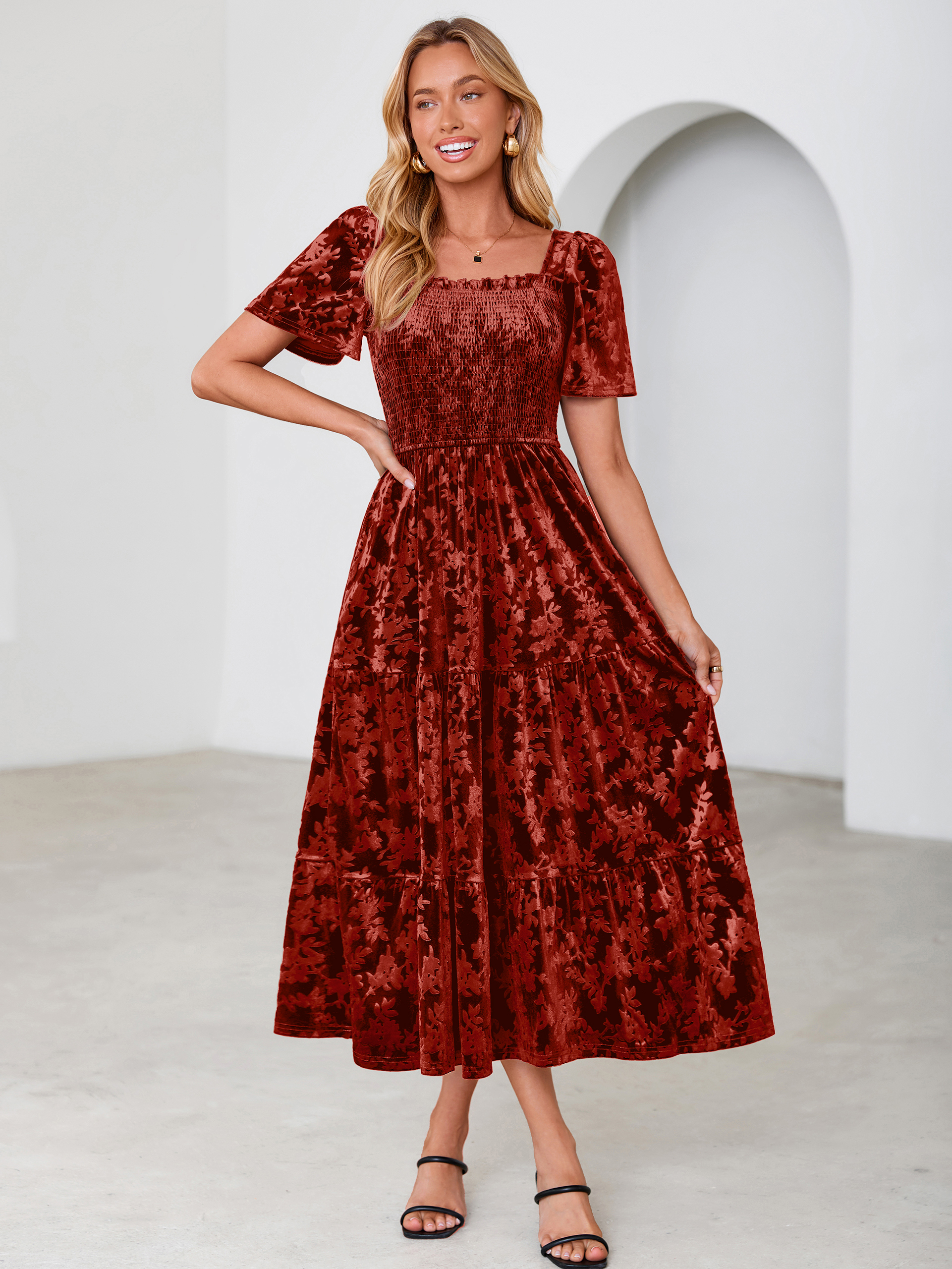 Square Neck Smocked Velvet Short Sleeve Maxi Dress