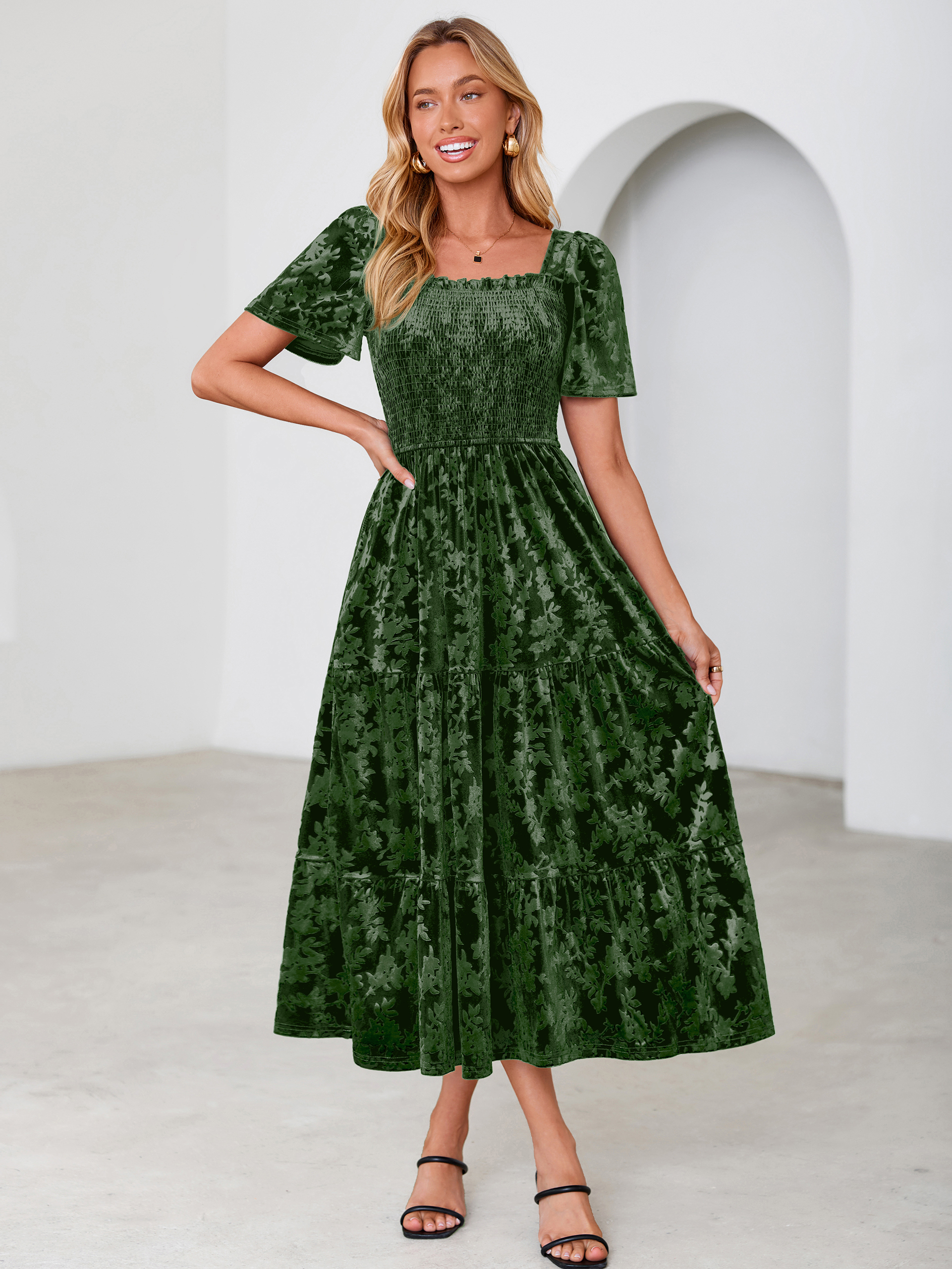 Square Neck Smocked Velvet Short Sleeve Maxi Dress