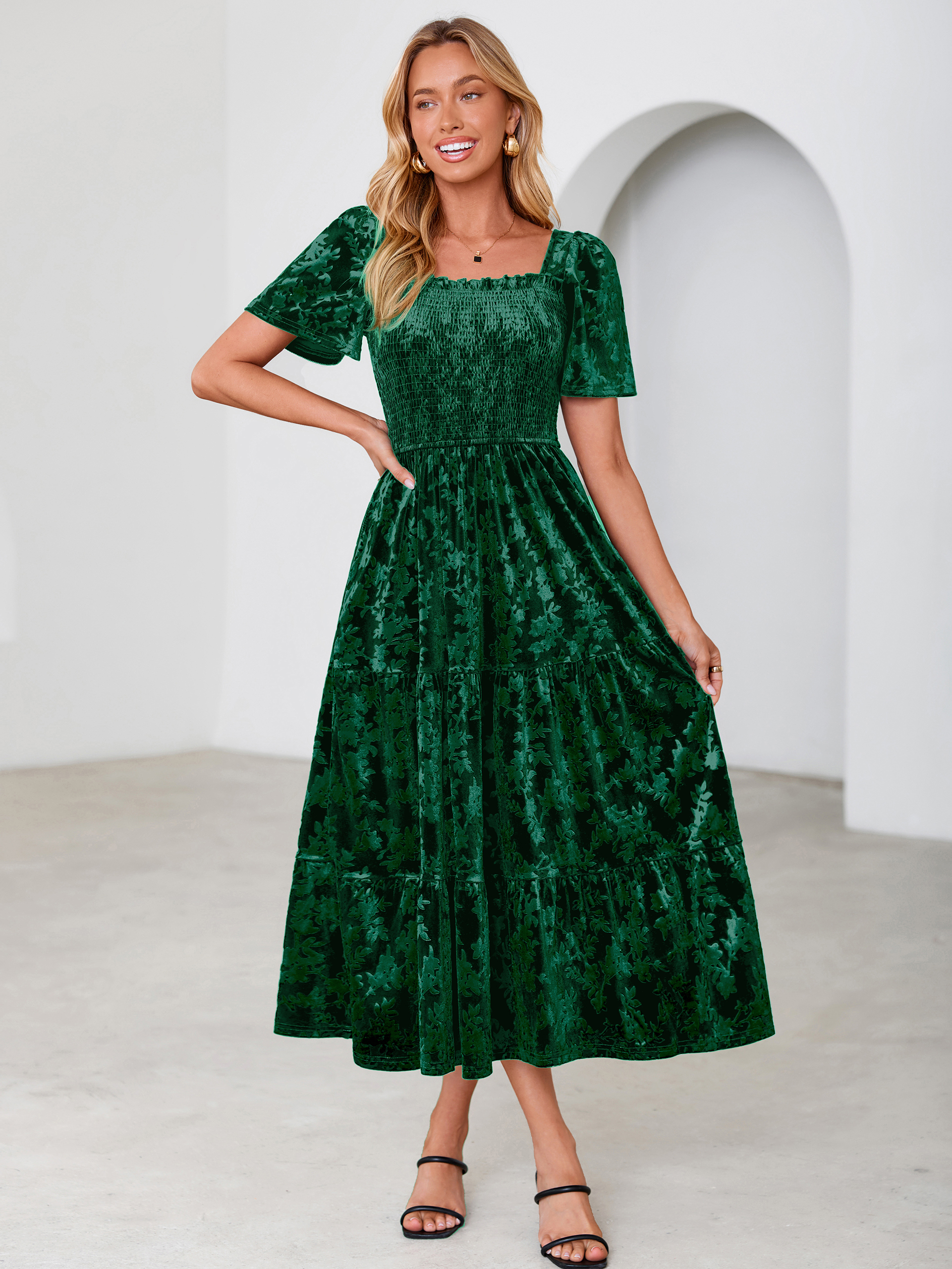 Square Neck Smocked Velvet Short Sleeve Maxi Dress