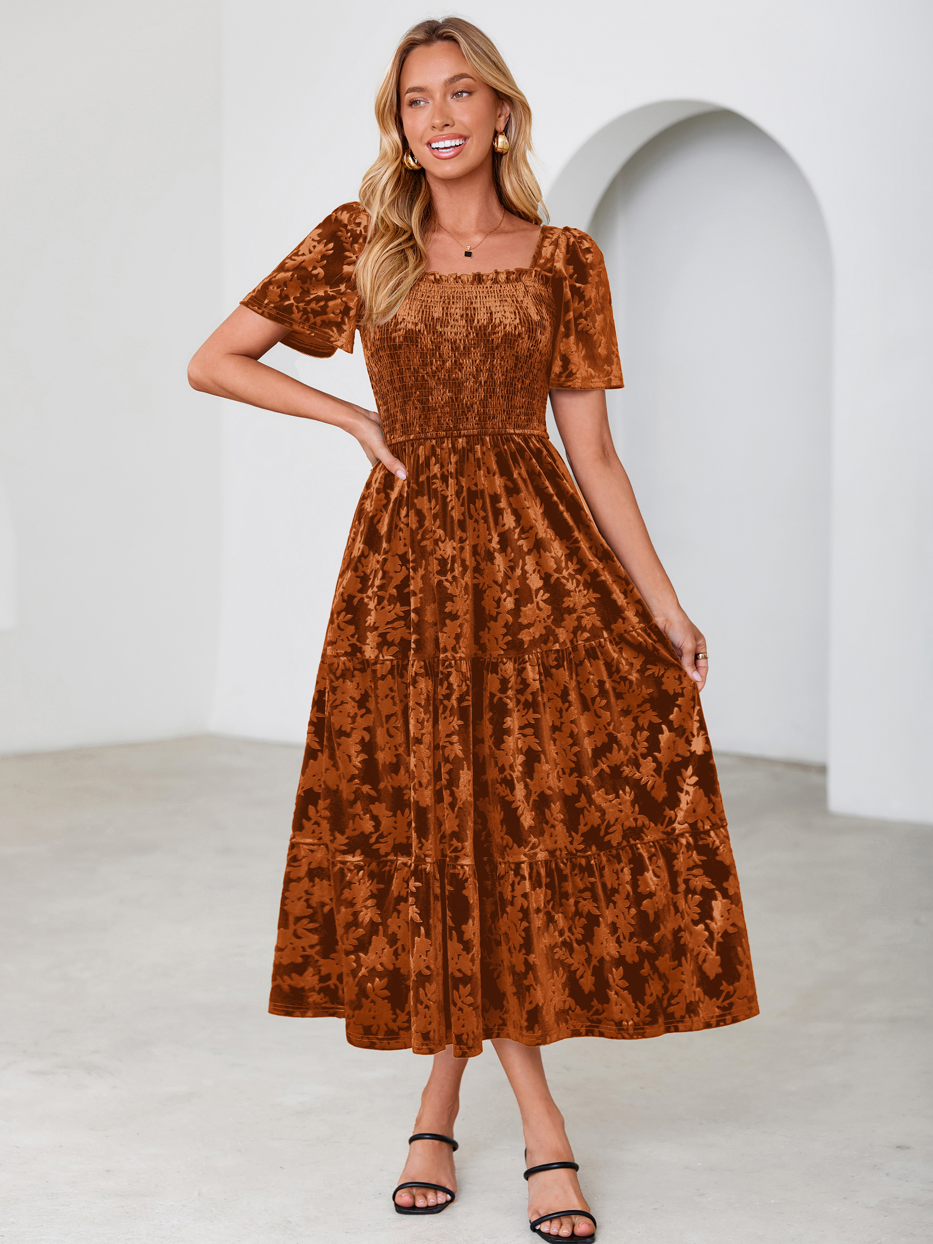 Square Neck Smocked Velvet Short Sleeve Maxi Dress