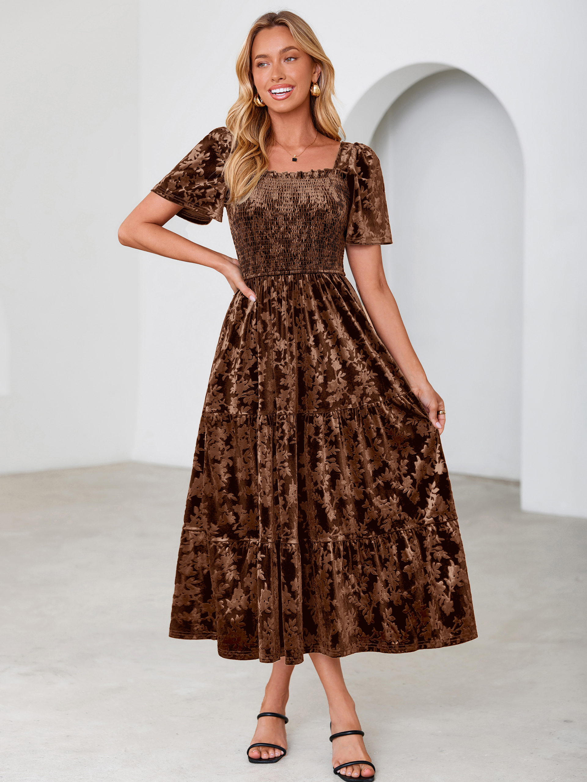 Square Neck Smocked Velvet Short Sleeve Maxi Dress