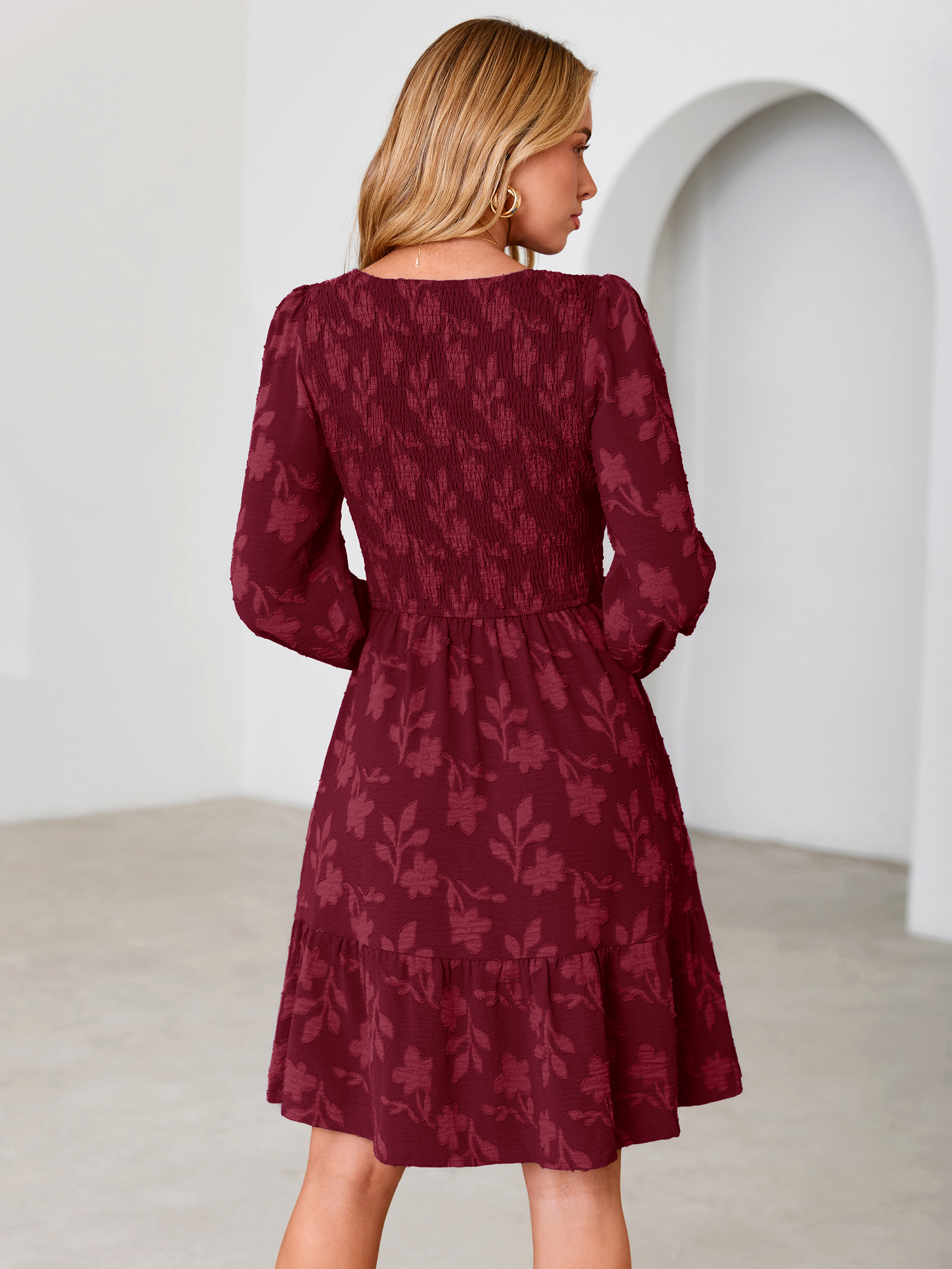 Floral Textured Smocked V Neck A Line Mini Dress