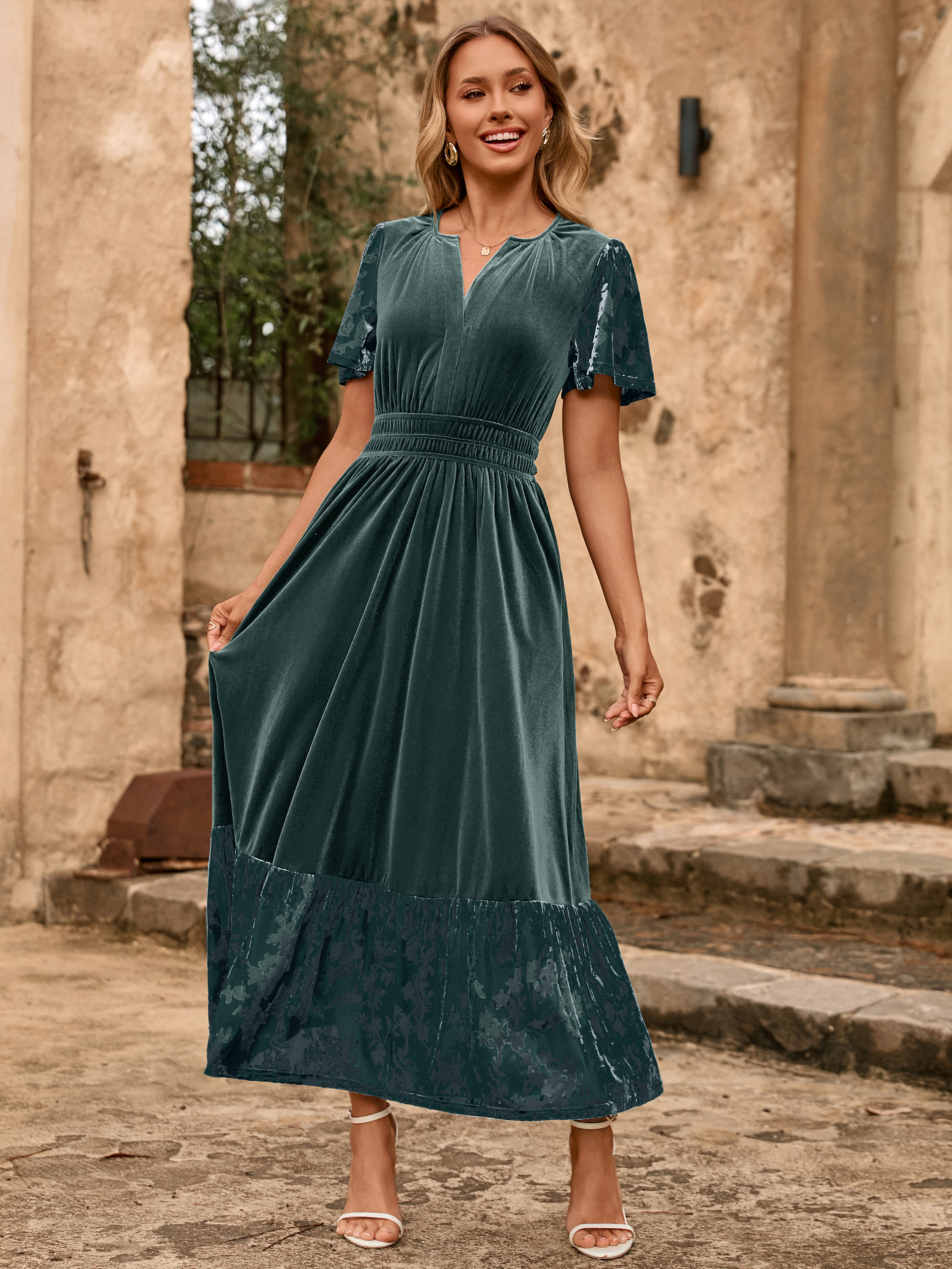 Velvet Floral Burnout V Neck Maxi Dress