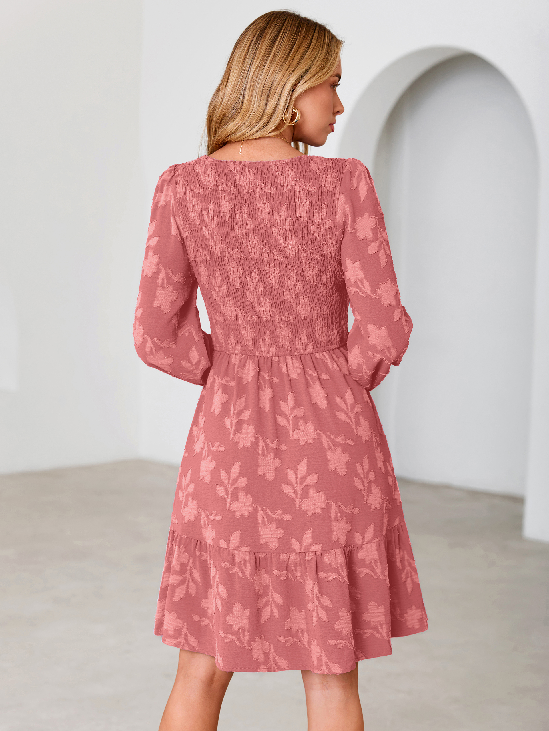 Floral Textured Smocked V Neck A Line Mini Dress
