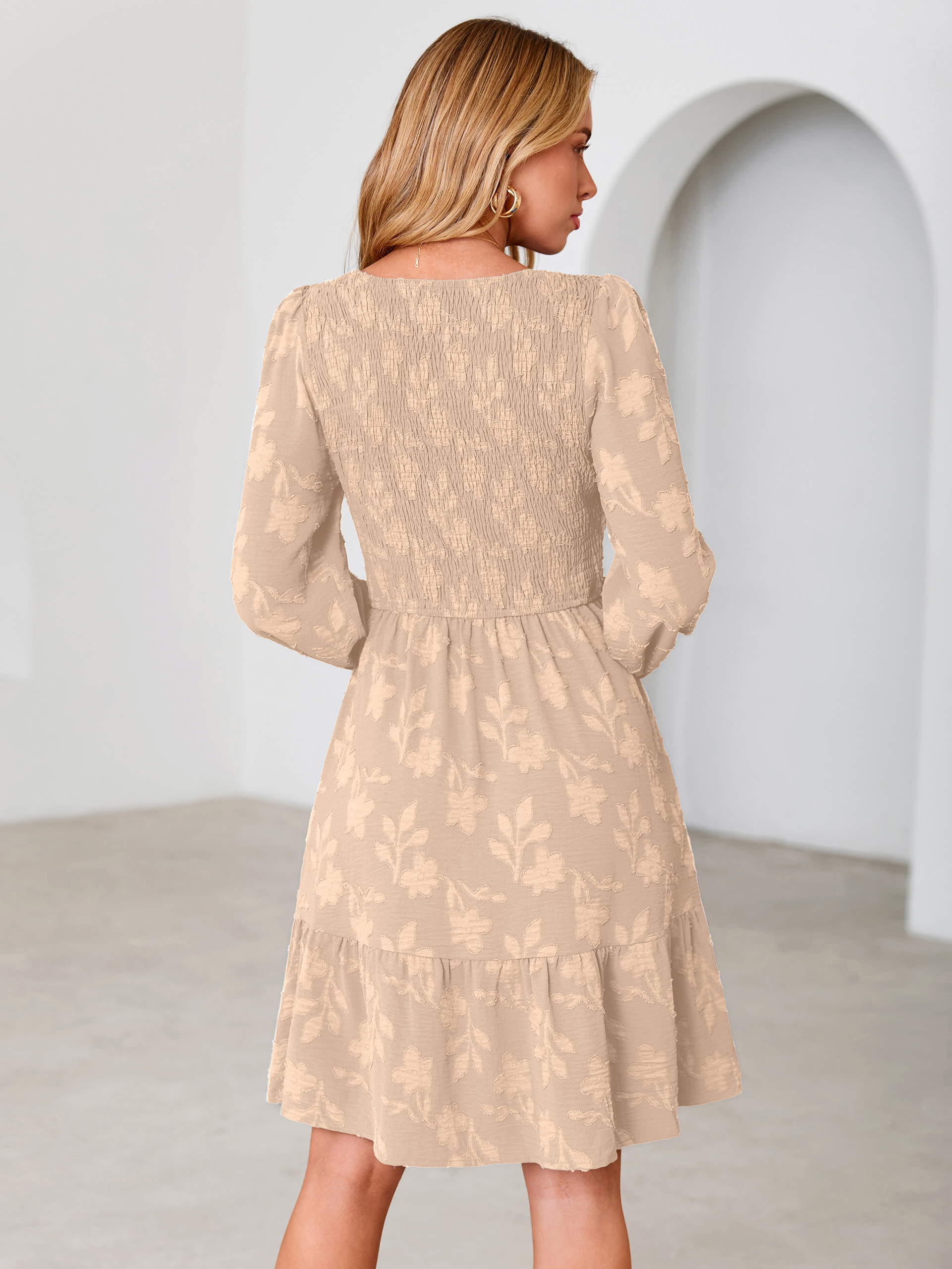 Floral Textured Smocked V Neck A Line Mini Dress