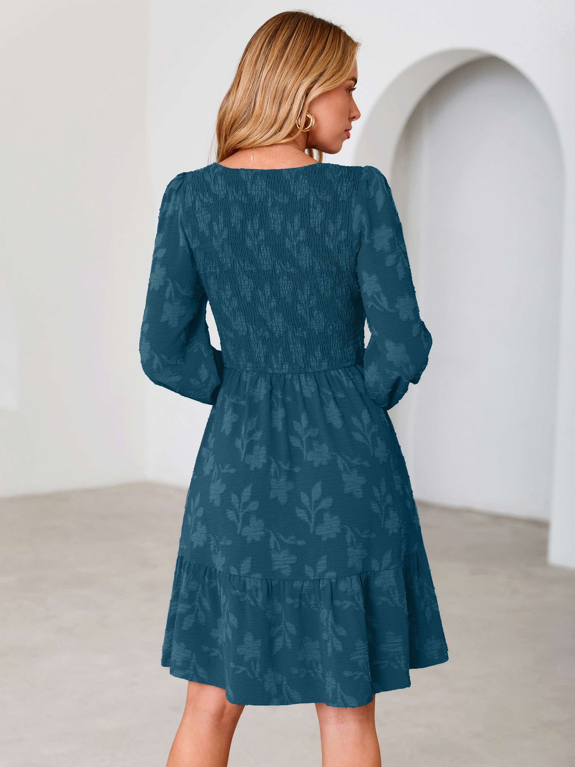 Floral Textured Smocked V Neck A Line Mini Dress