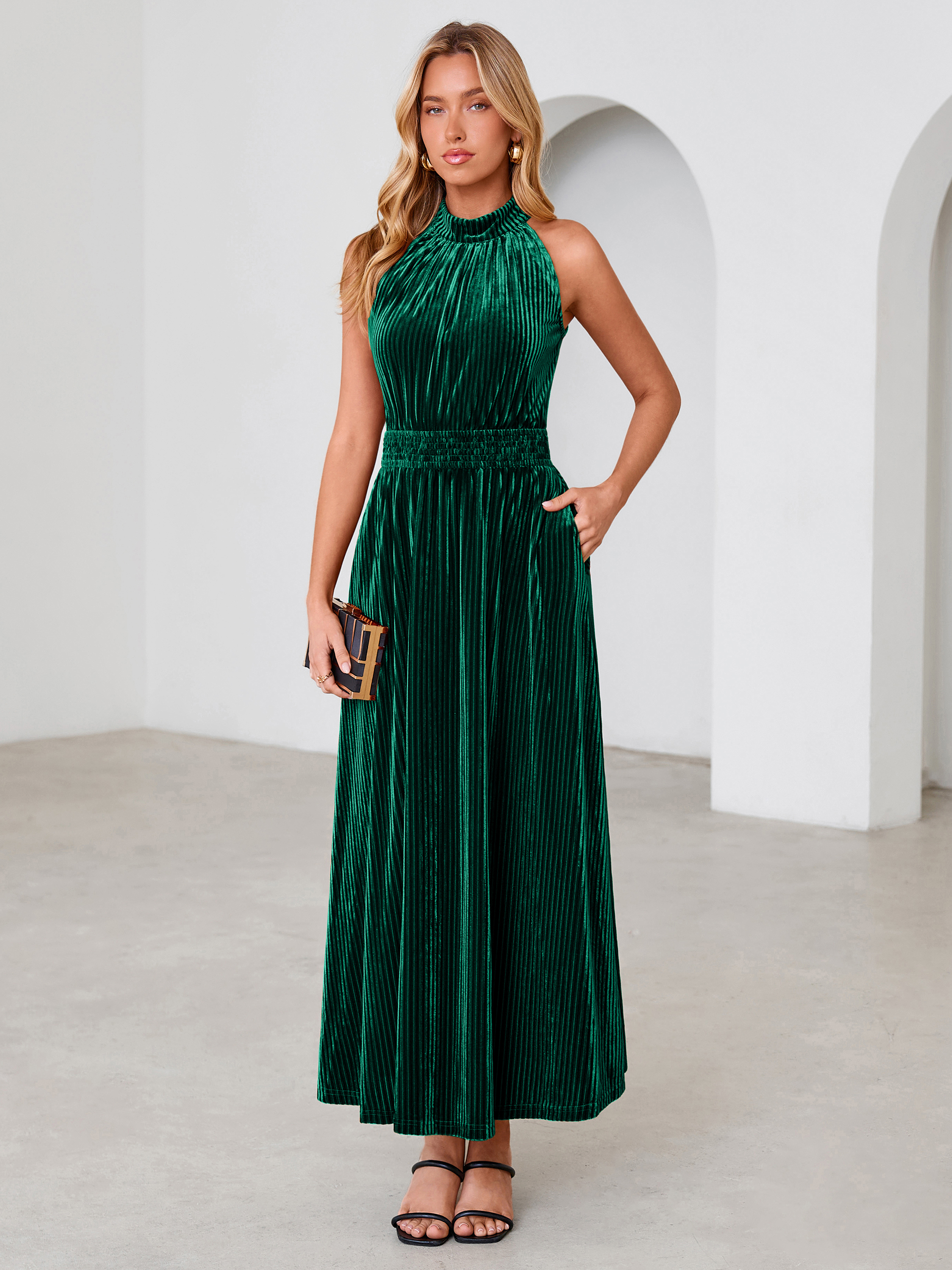 Ribbed Velvet Halter Smocked Maxi Dress