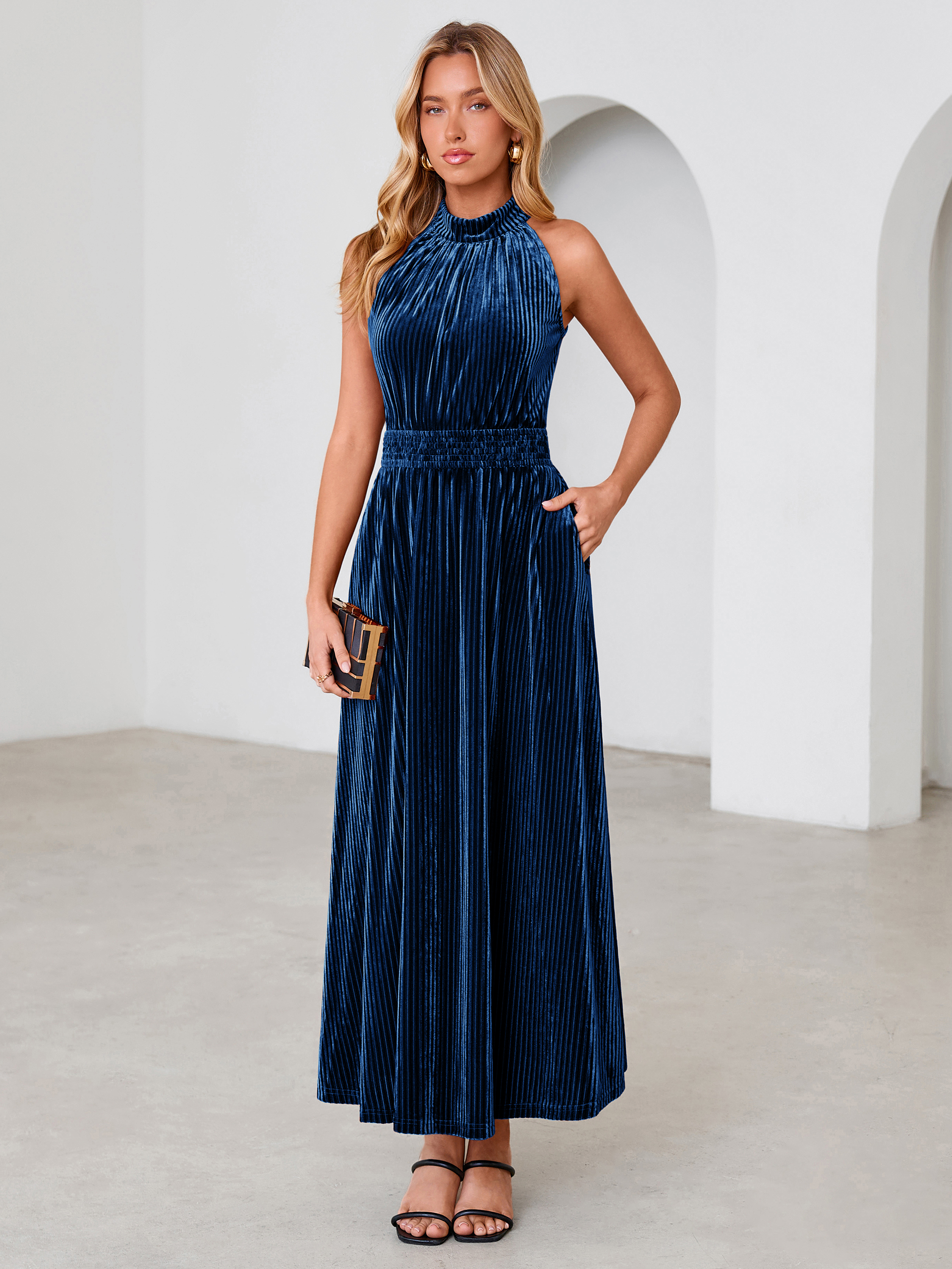 Ribbed Velvet Halter Smocked Maxi Dress