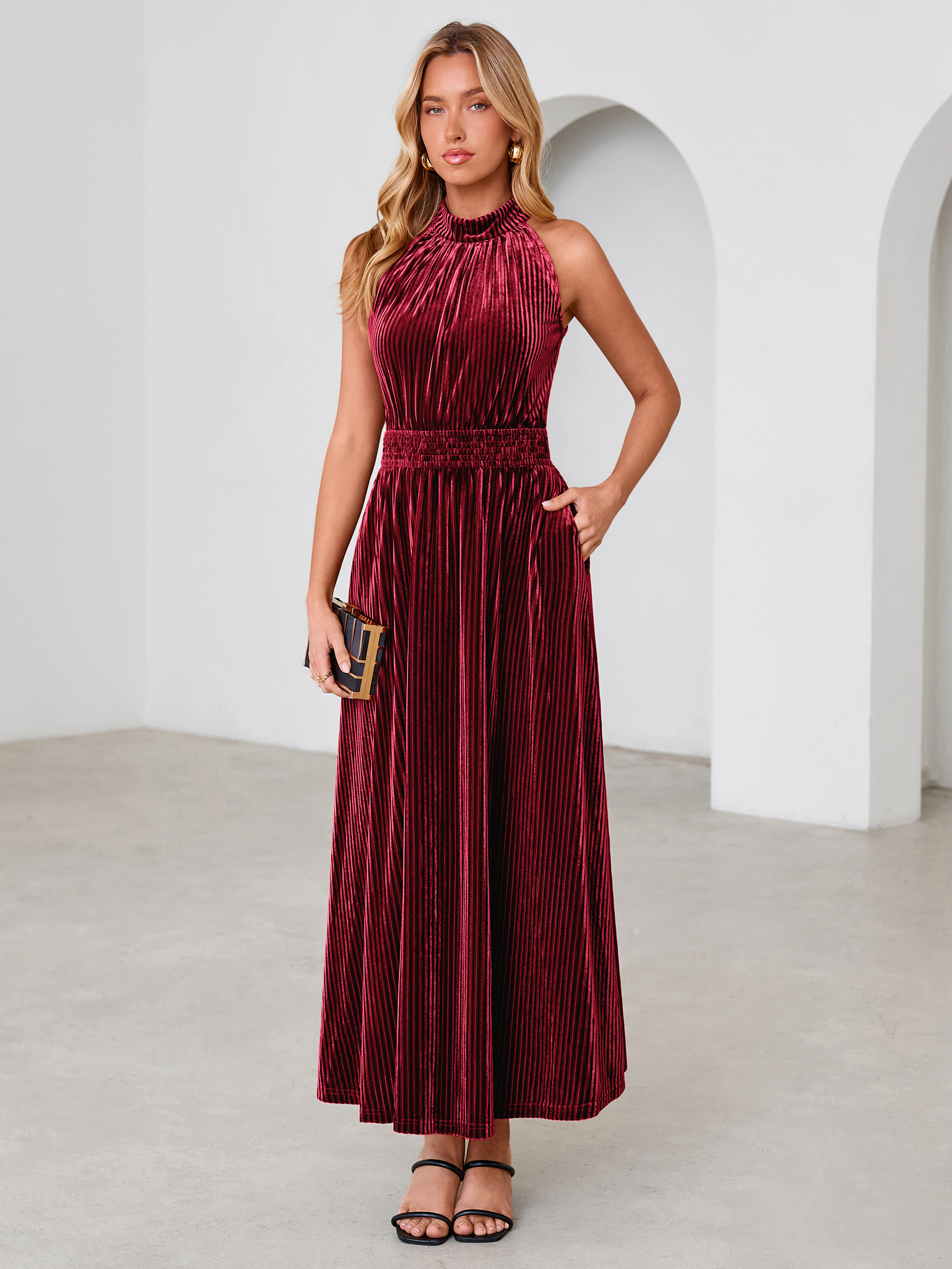 Ribbed Velvet Halter Smocked Maxi Dress