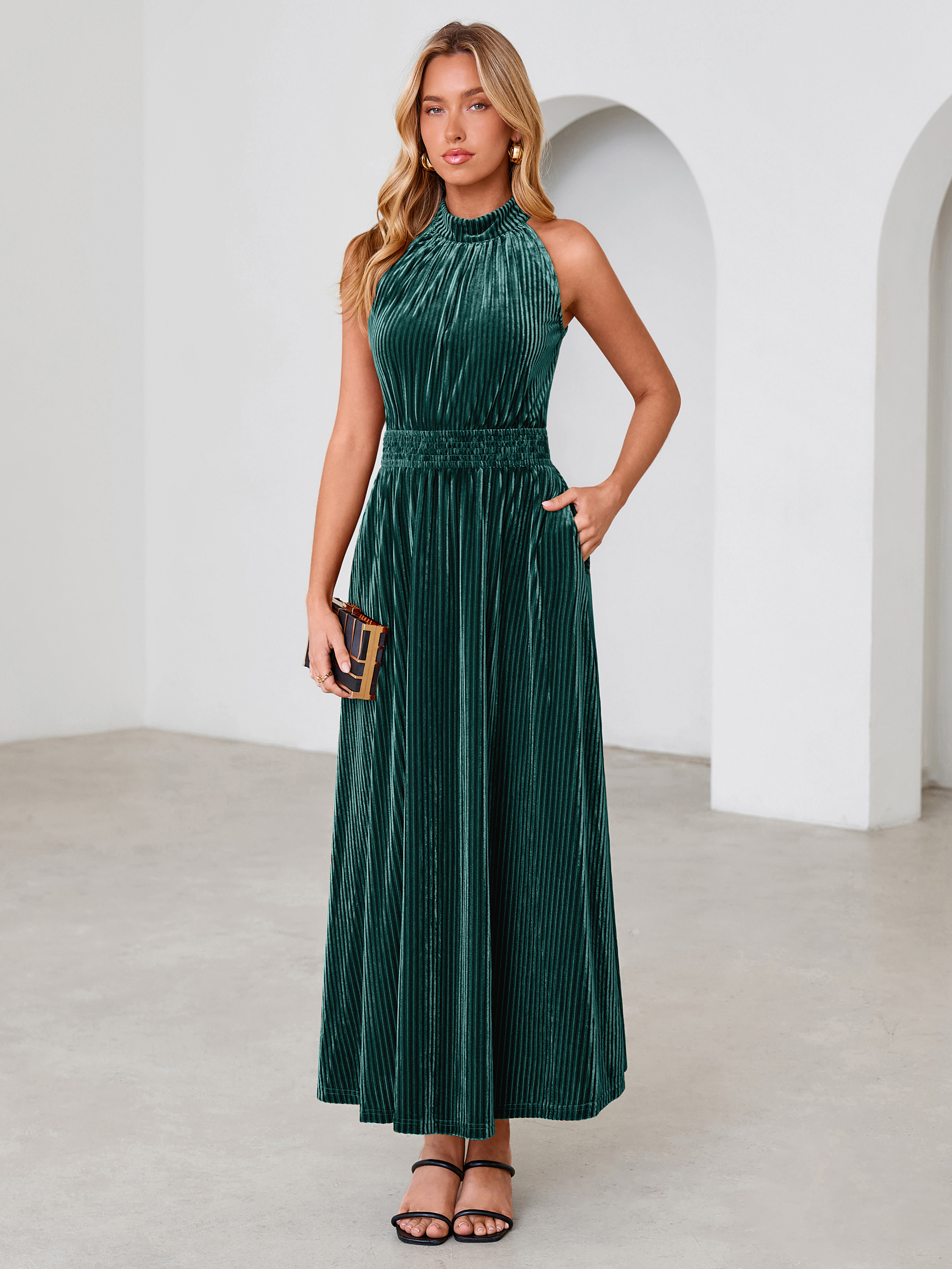 Ribbed Velvet Halter Smocked Maxi Dress