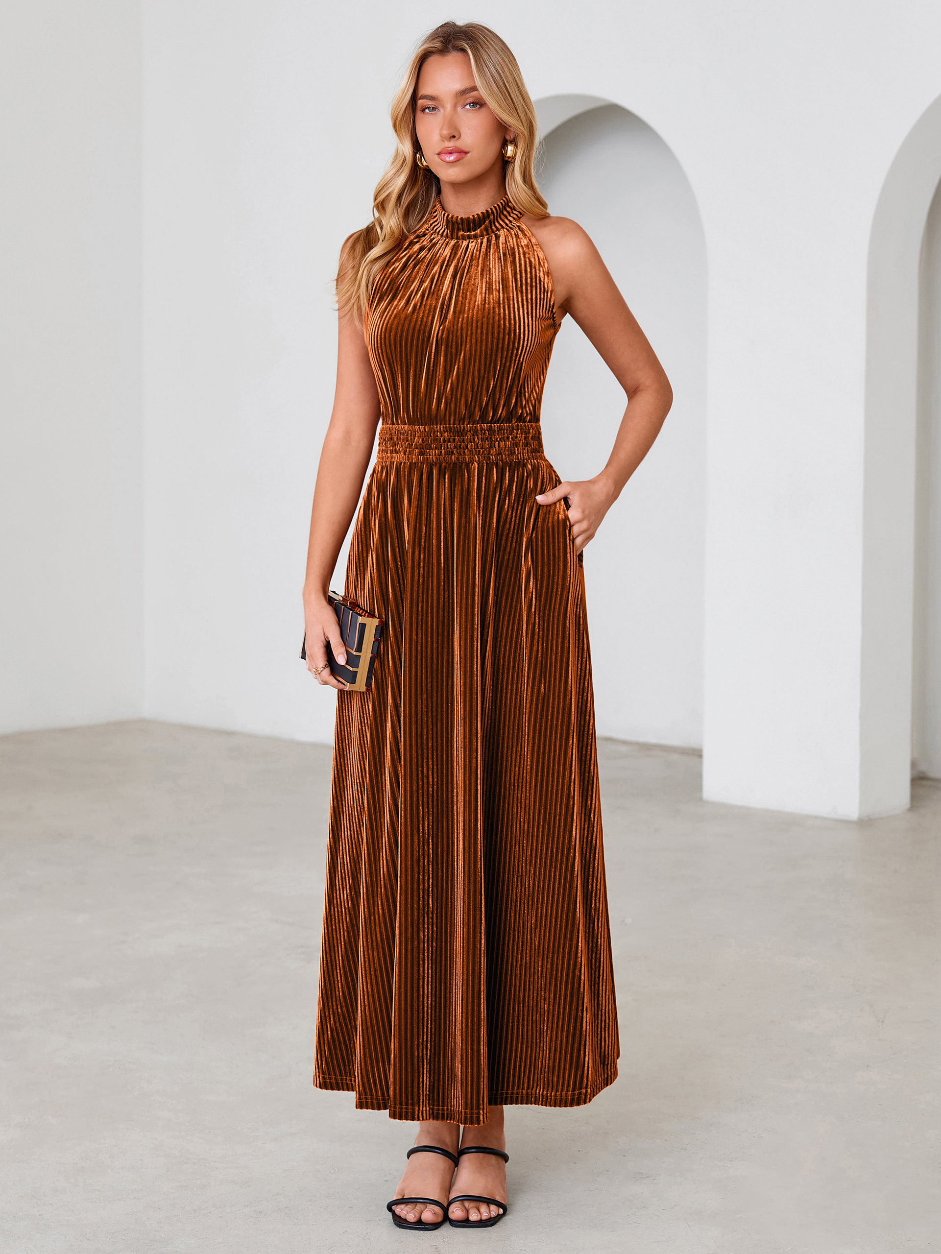 Ribbed Velvet Halter Smocked Maxi Dress