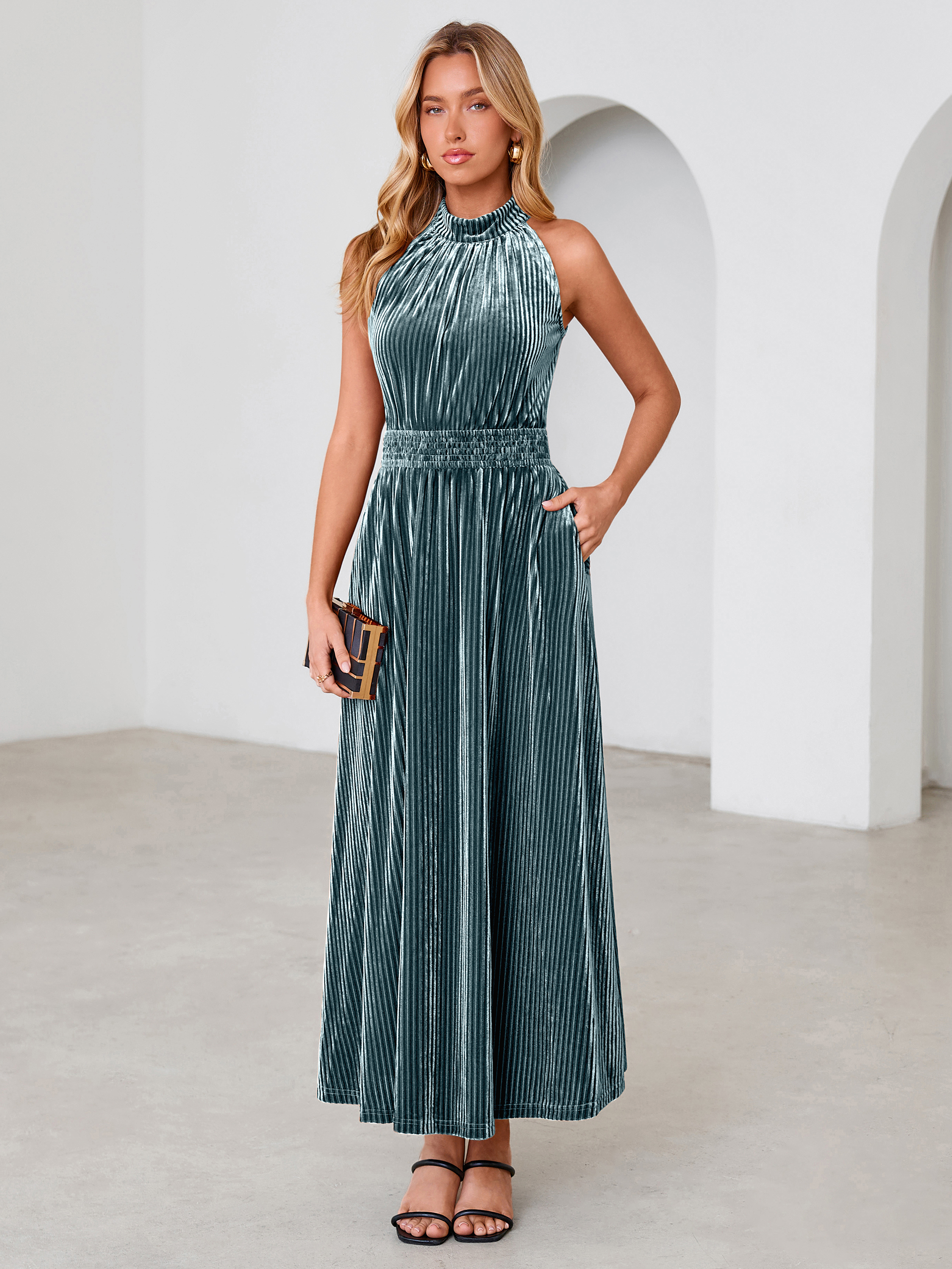 Ribbed Velvet Halter Smocked Maxi Dress