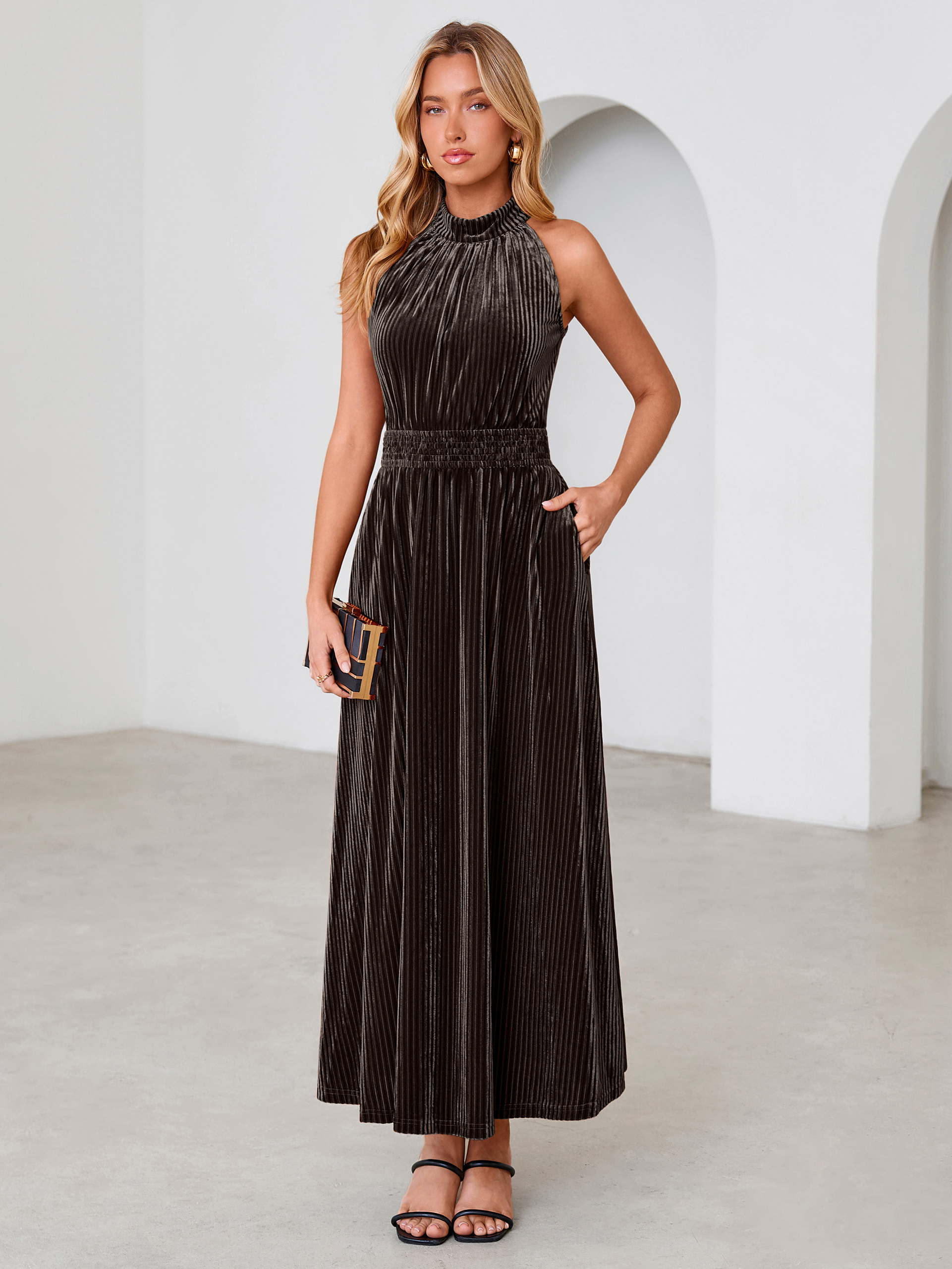 Ribbed Velvet Halter Smocked Maxi Dress