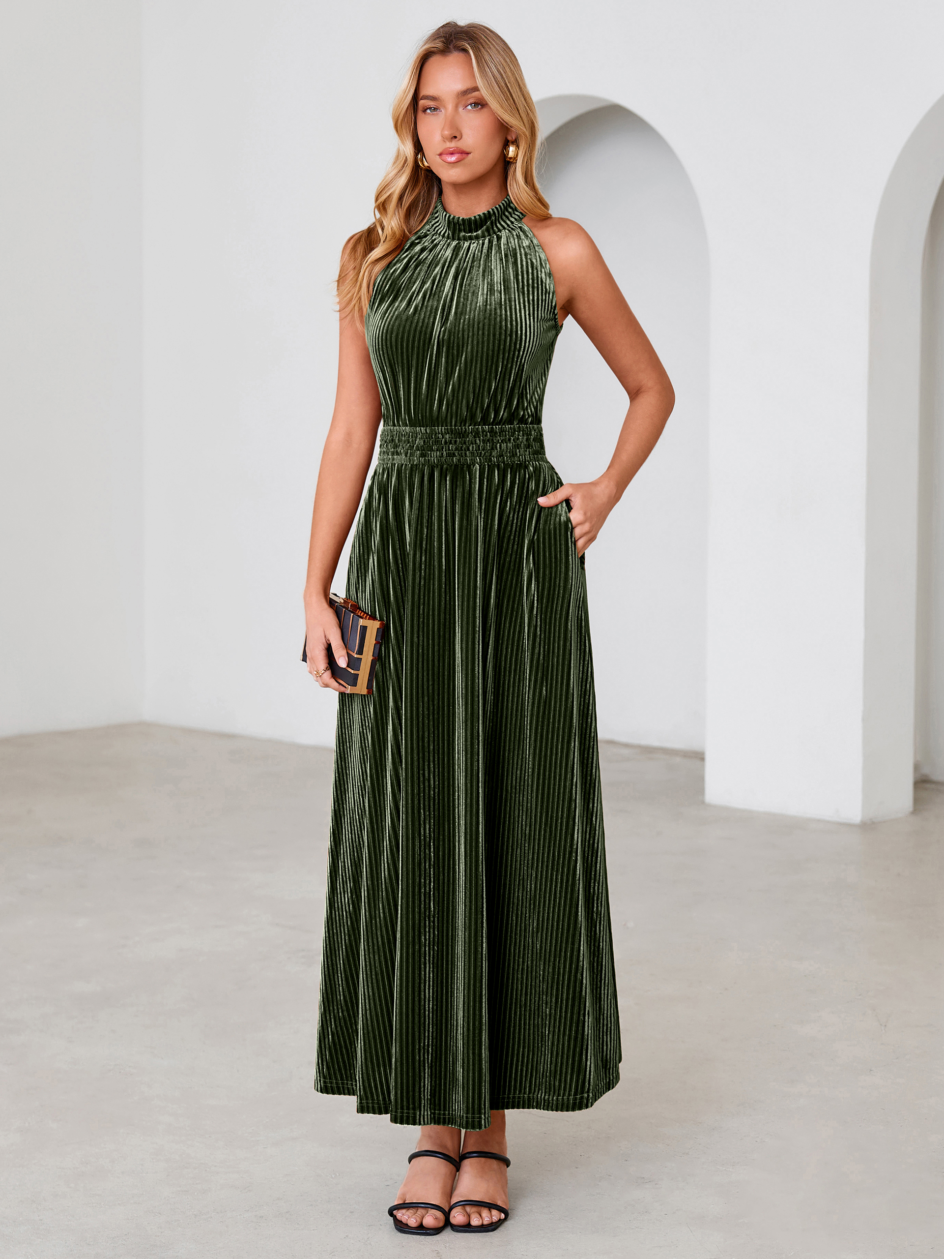 Ribbed Velvet Halter Smocked Maxi Dress