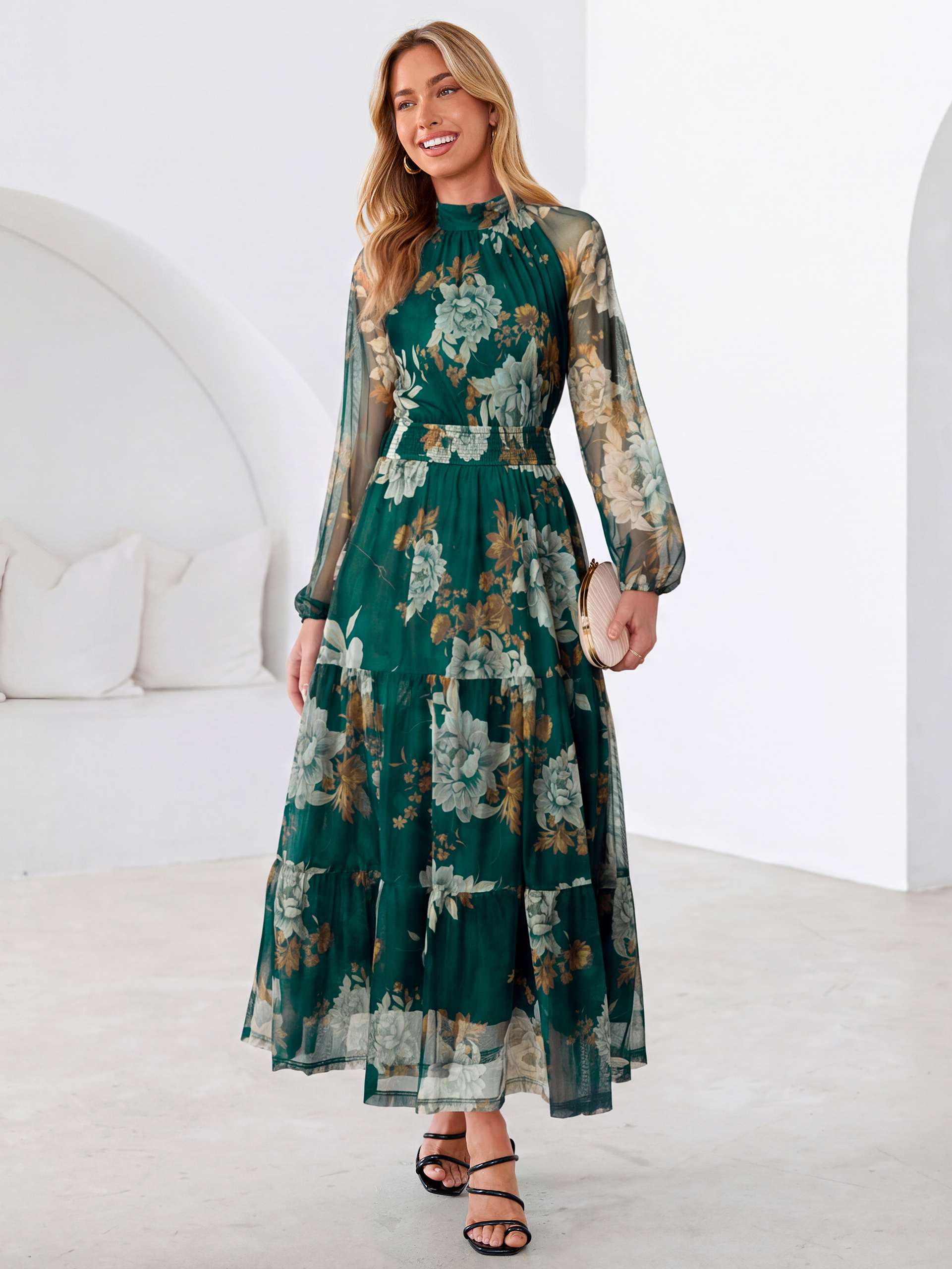 Fall Floral Flowy Tiered Long Sleeve Maxi Dress